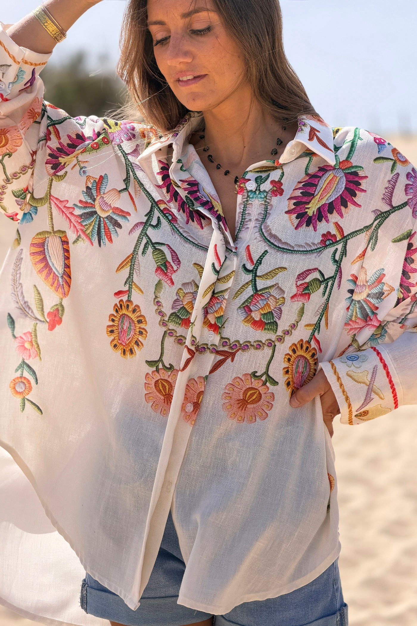 Beige Embroidered effect Folk Garden Button-Down Blouse