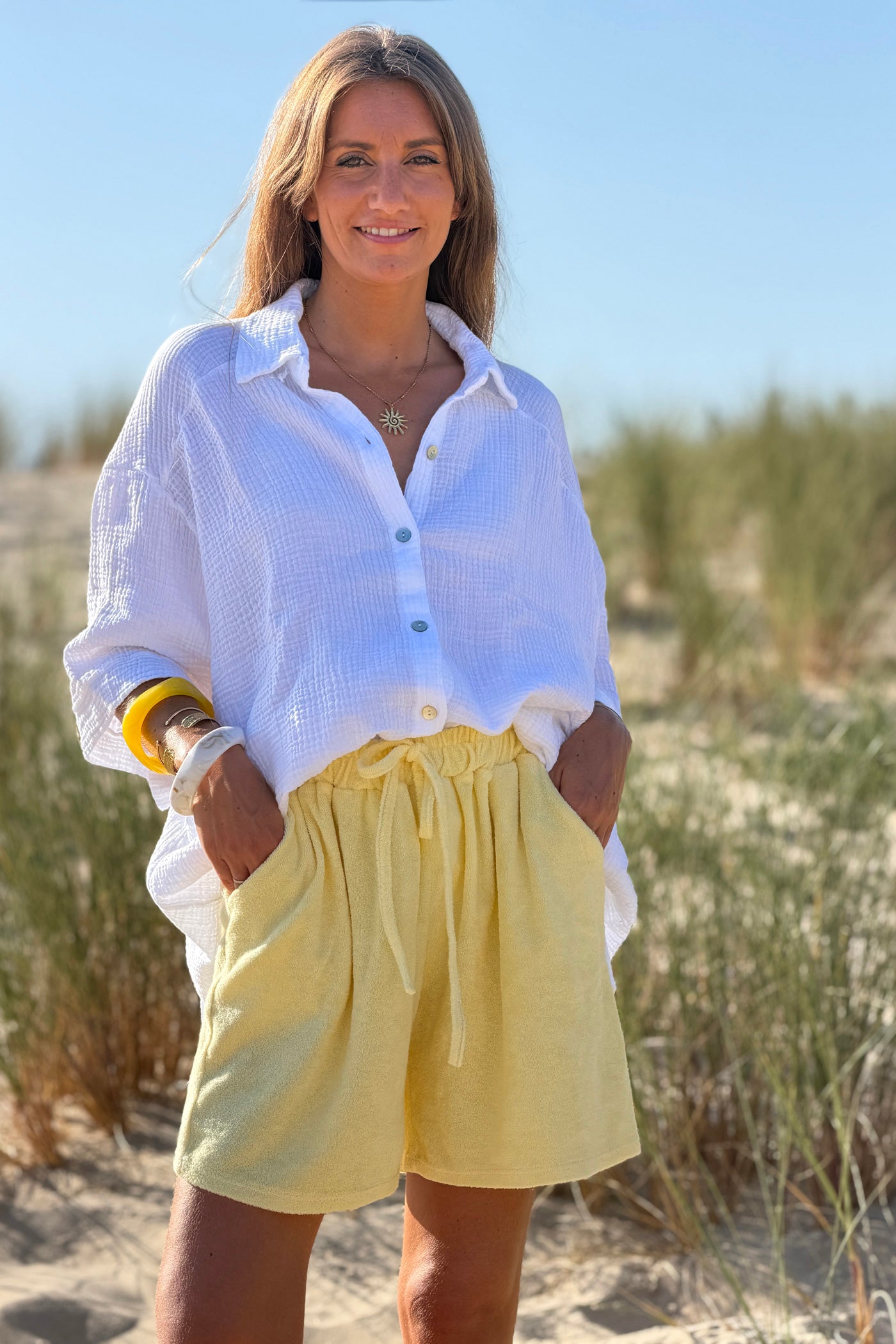 White “ICONIC” Crinkle Gauze Button-Down Top
