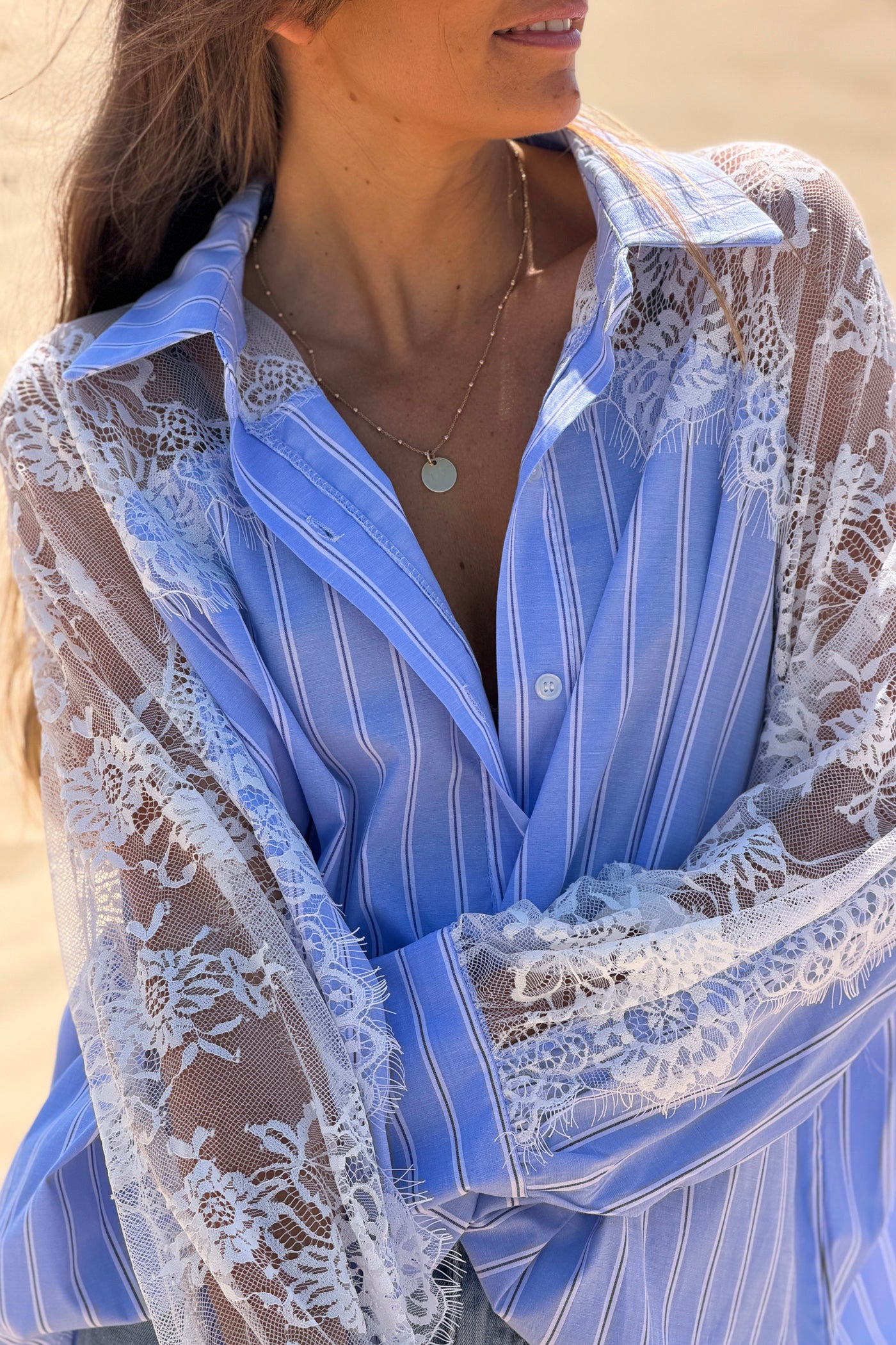 Blue Pinstripe and Lace Button-Down Blouse
