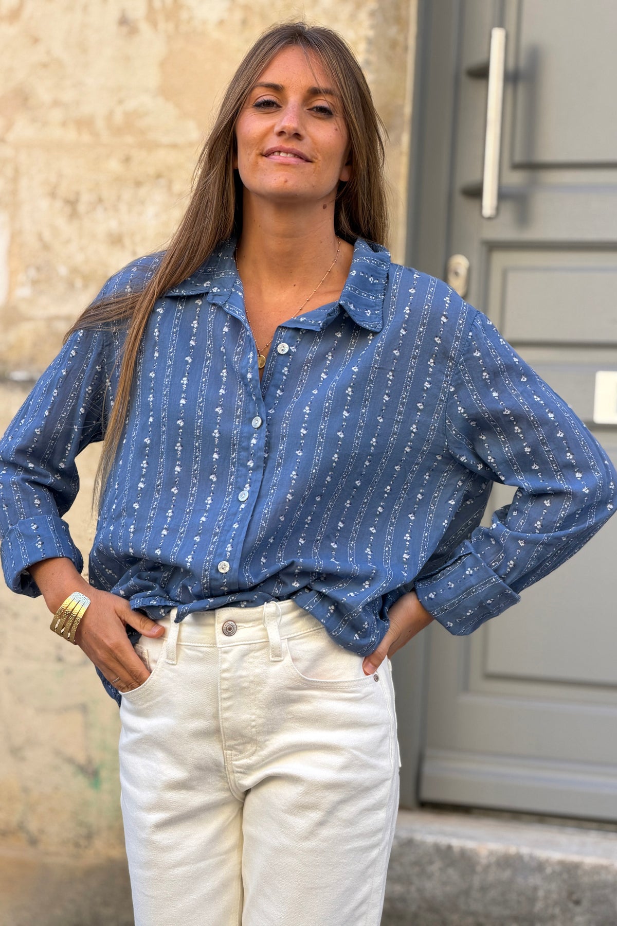 Blue Jean Shabby Chic Floral Stripe Button-Down Shirt