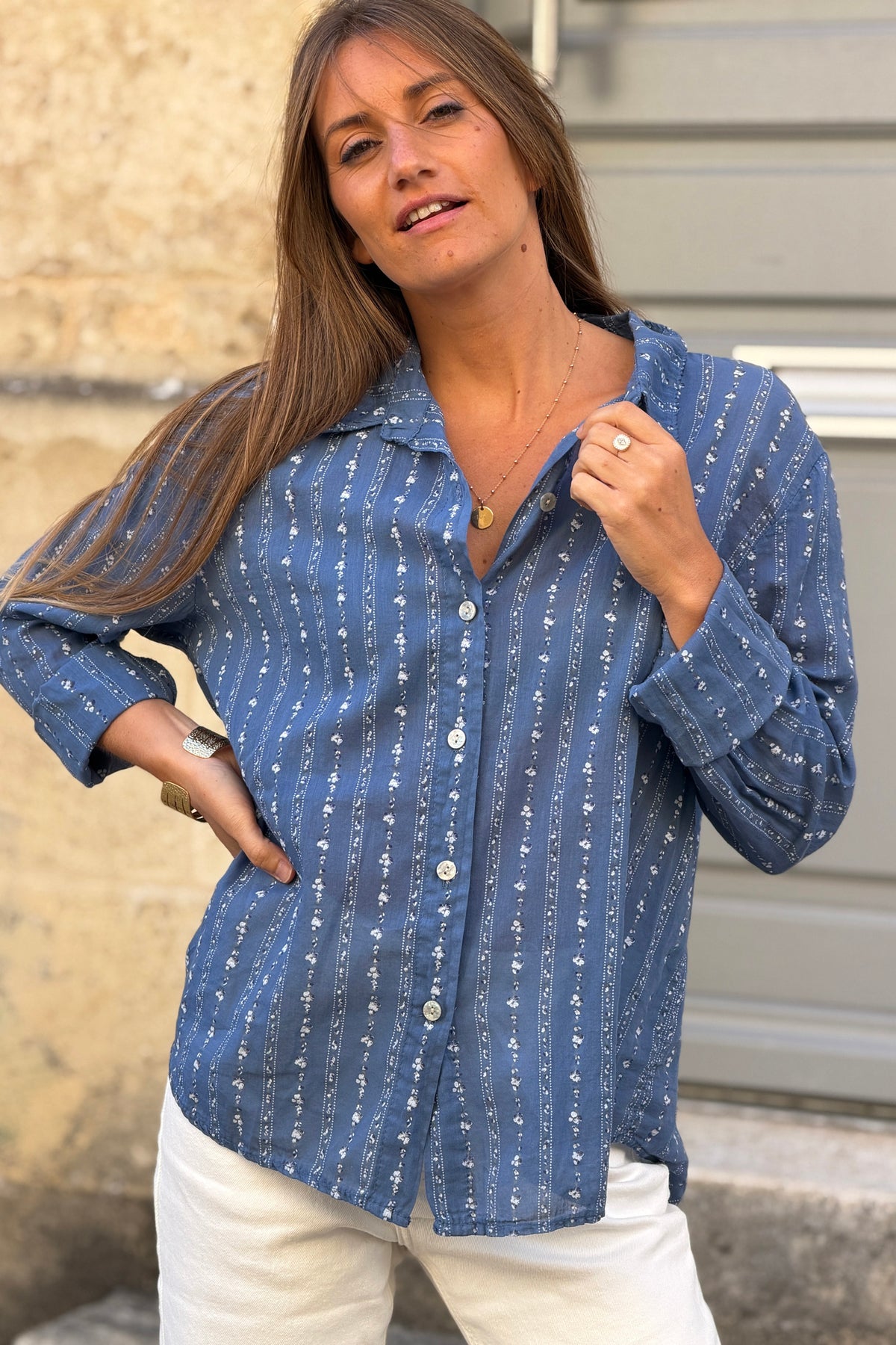 Blue Jean Shabby Chic Floral Stripe Button-Down Shirt