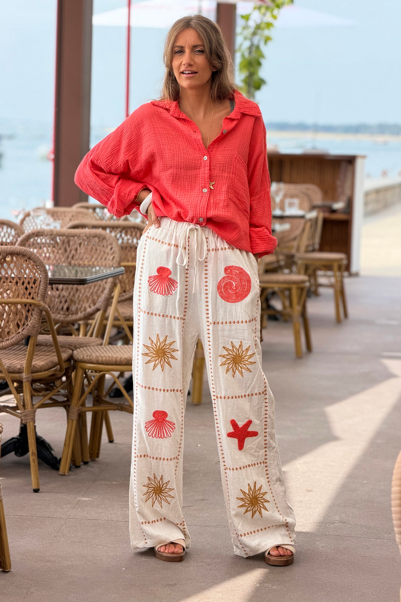Red Coral Crinkle Gauze Button-Down Beach Shirt