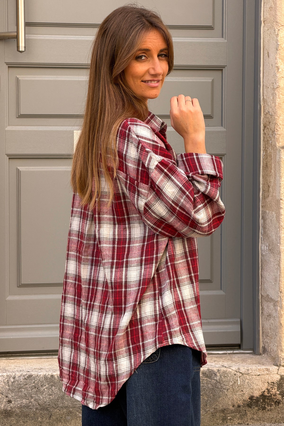 Chemise écrue en flanelle motifs carreaux tartan Ecossais bordeaux