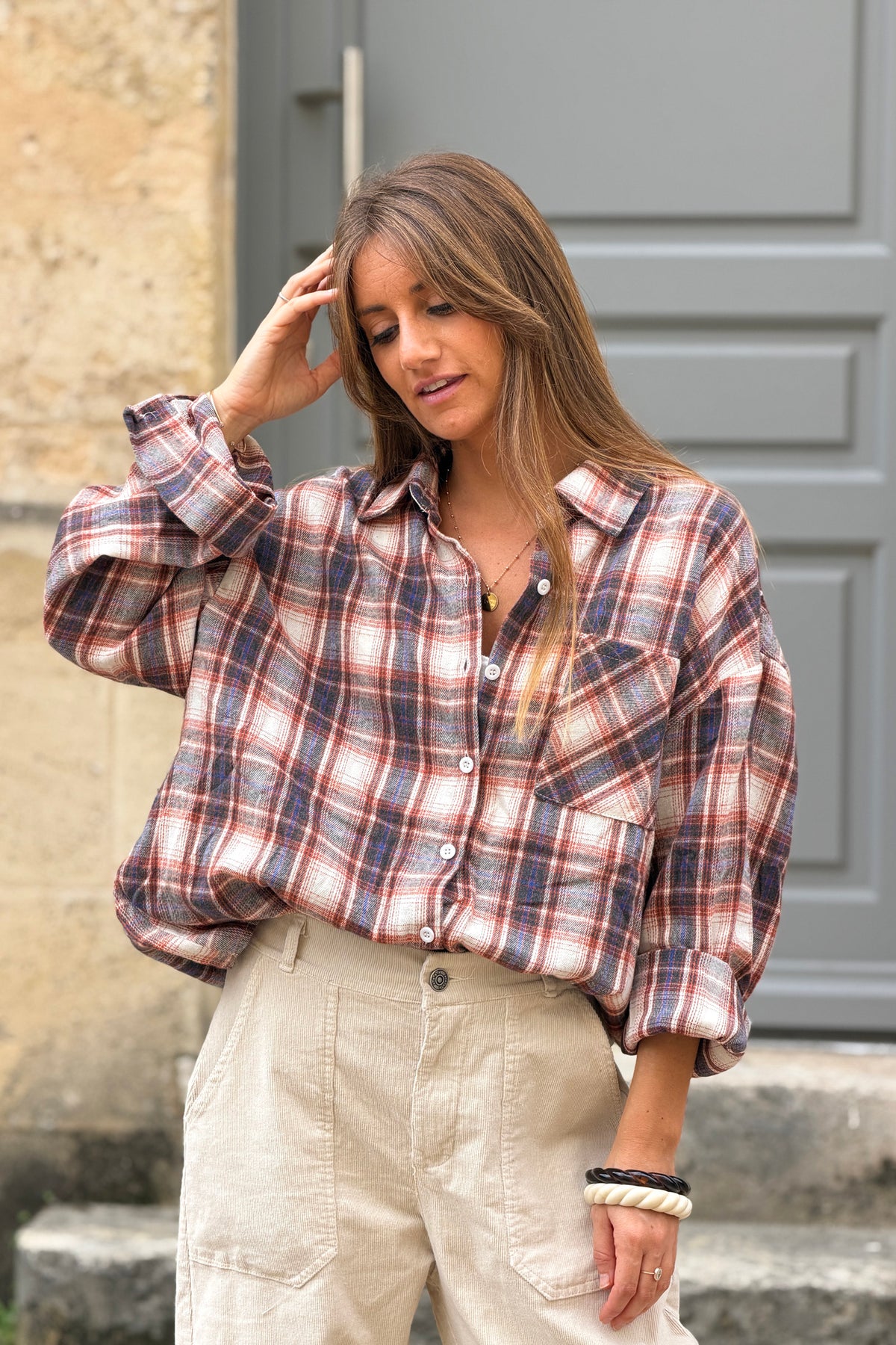 Chemise écrue en flanelle motifs carreaux tartan Ecossais terracotta et bleu