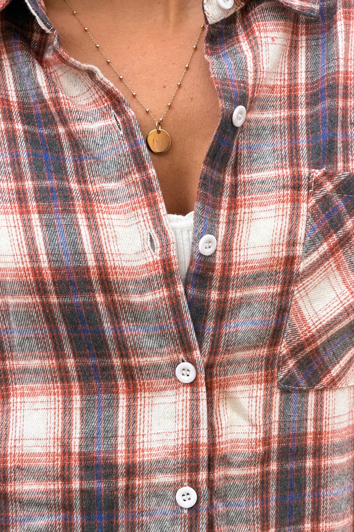 Chemise écrue en flanelle motifs carreaux tartan Ecossais terracotta et bleu
