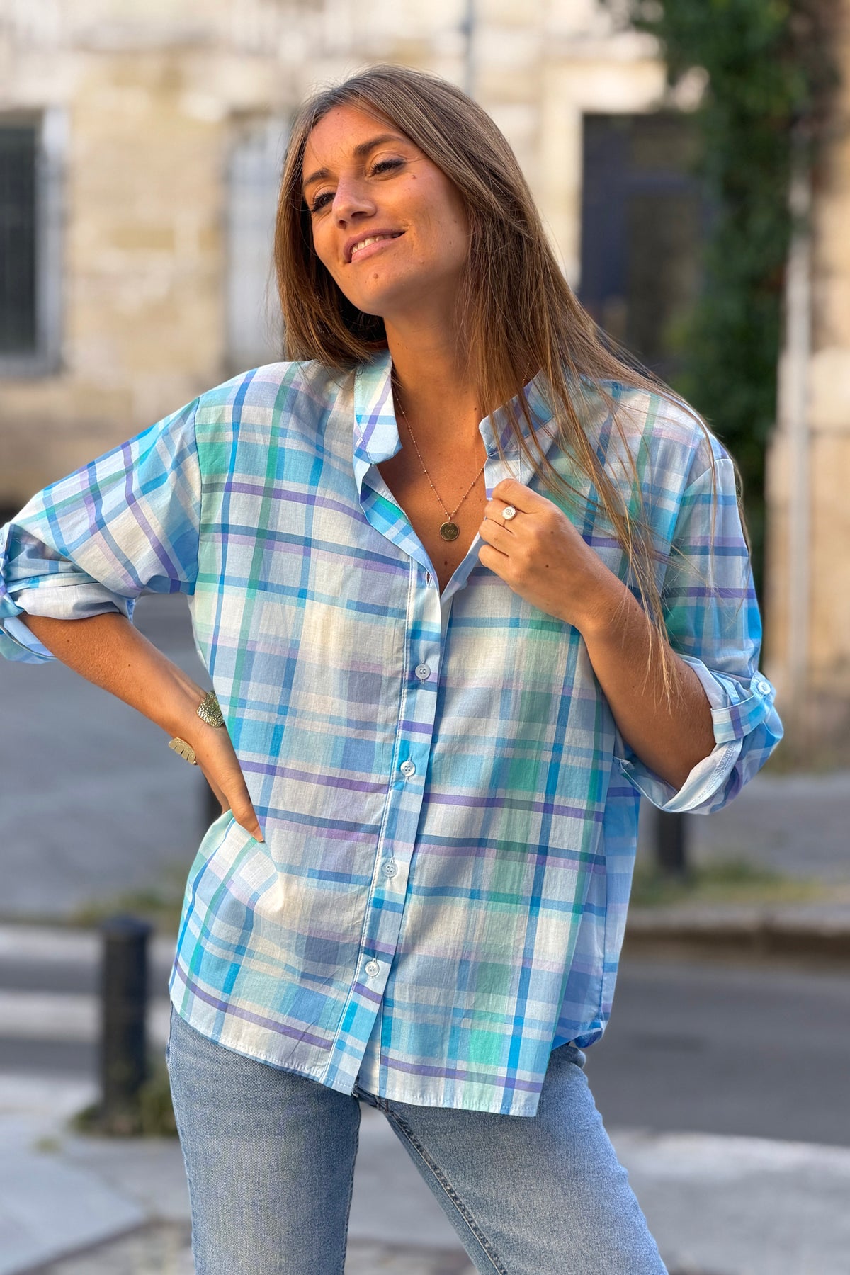 Blue Plaid Button-Down Blouse

