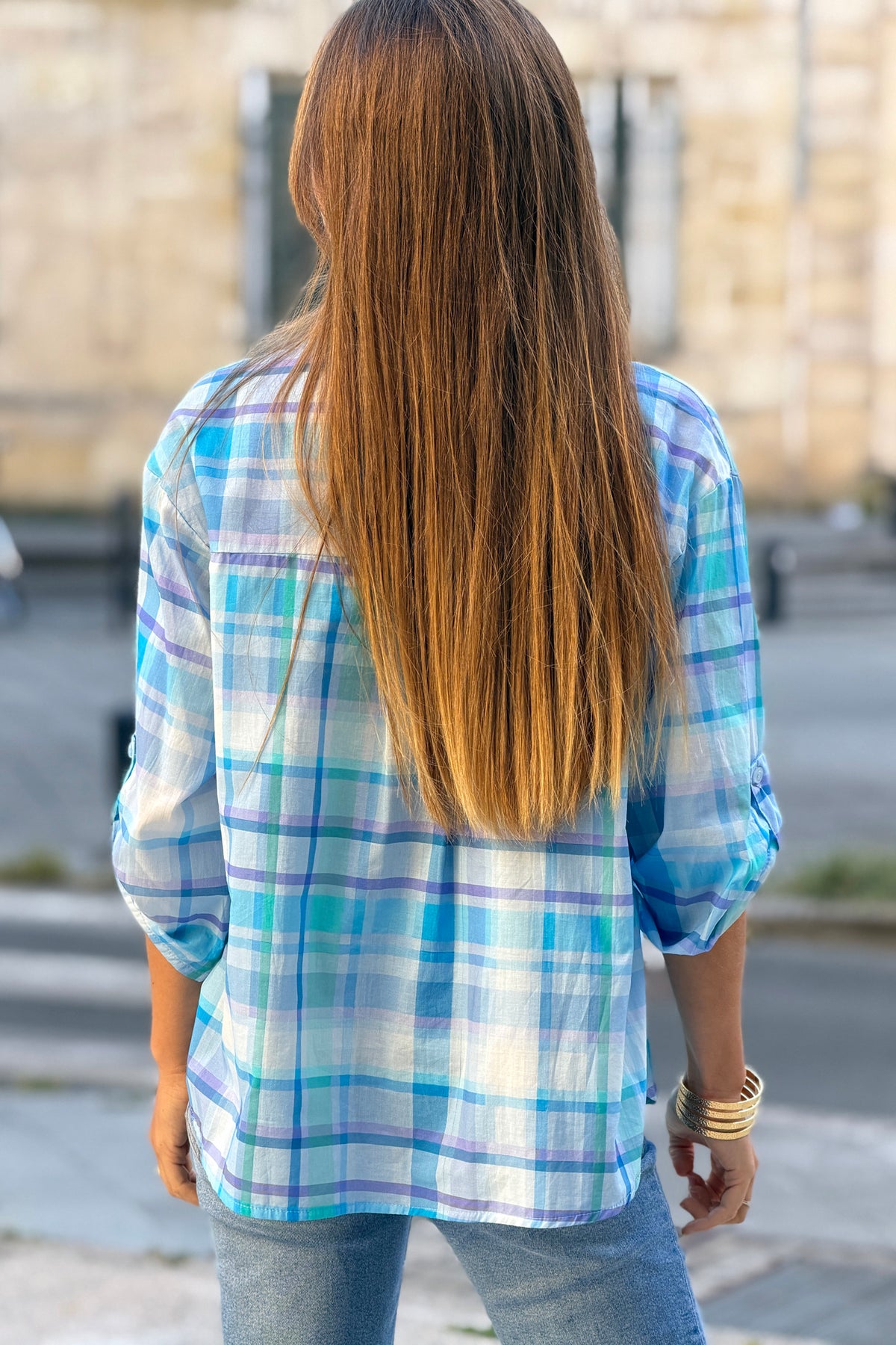 Blue Plaid Button-Down Blouse
