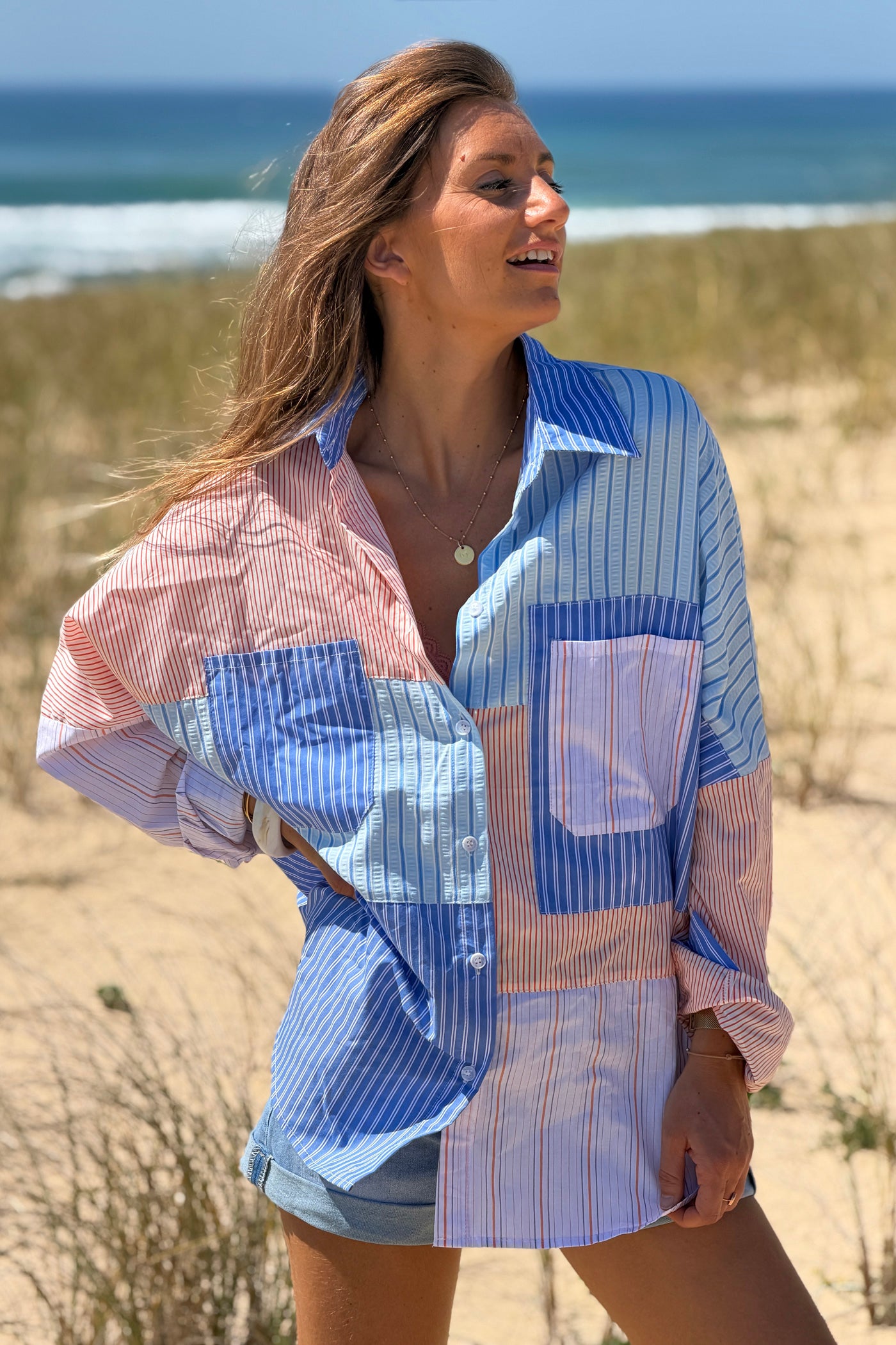 Blue Stripe Patchwork Button-Down Blouse
