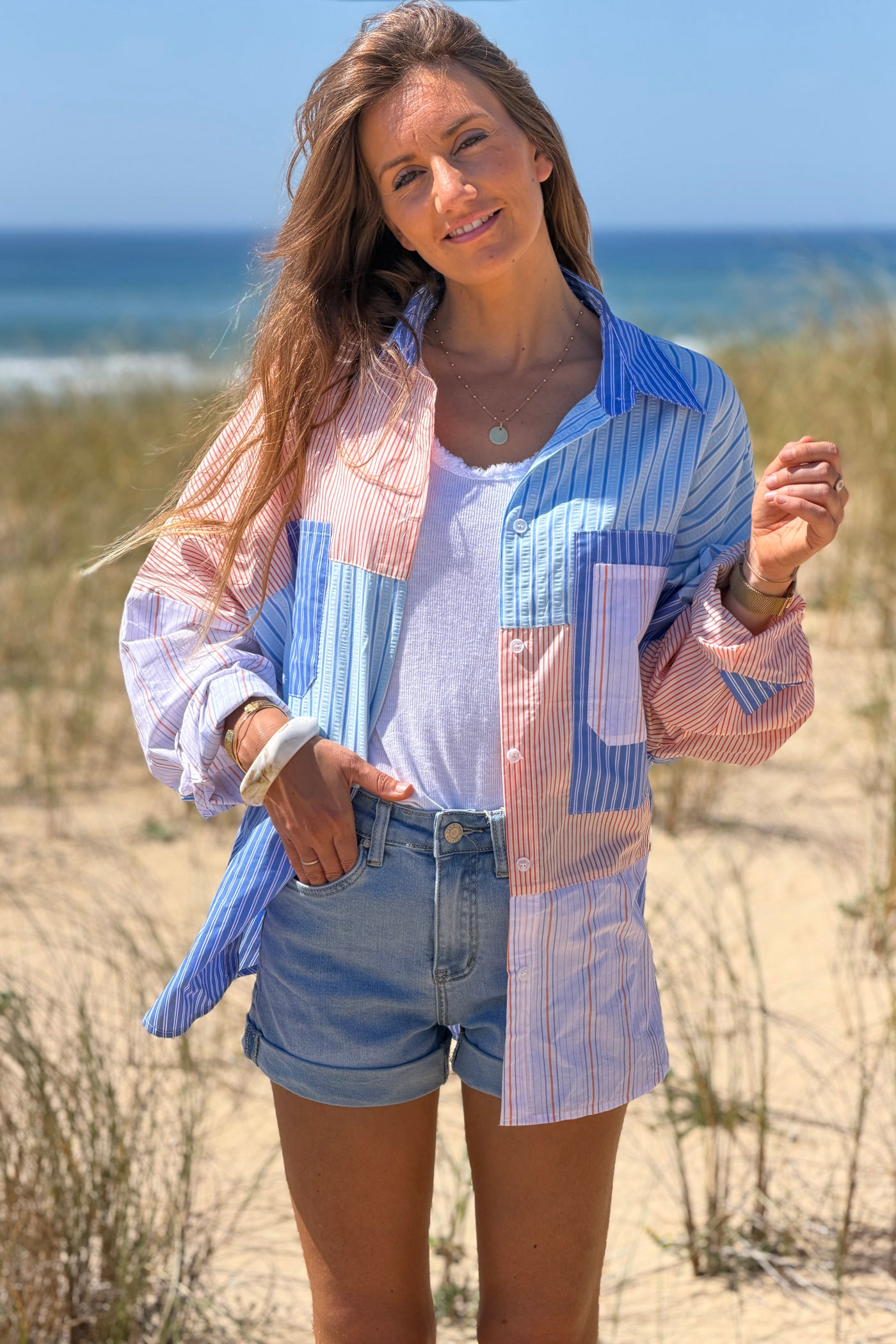 Blue Stripe Patchwork Button-Down Blouse
