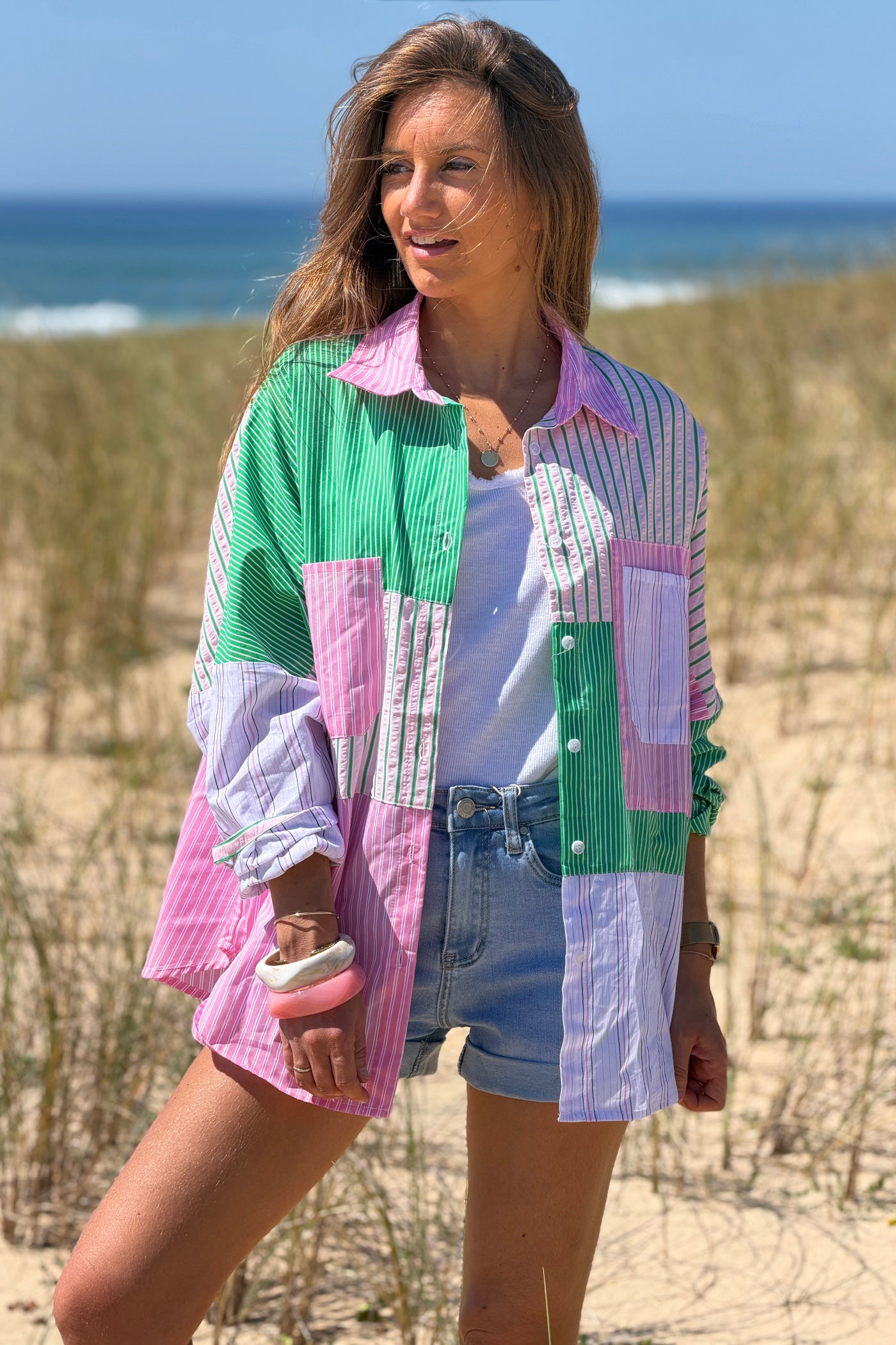 Pink Stripe Patchwork Button-Down Blouse

