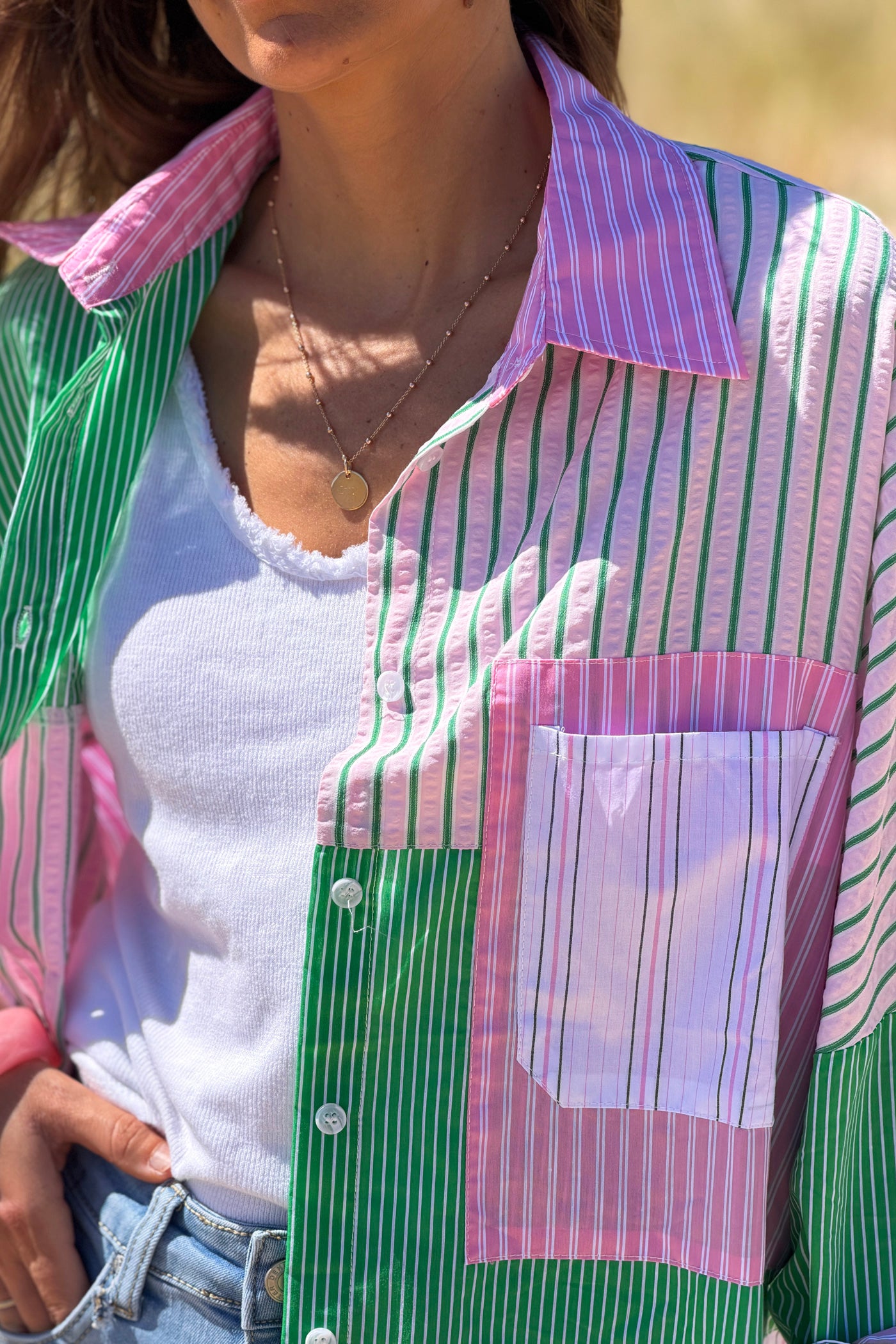 Pink Stripe Patchwork Button-Down Blouse
