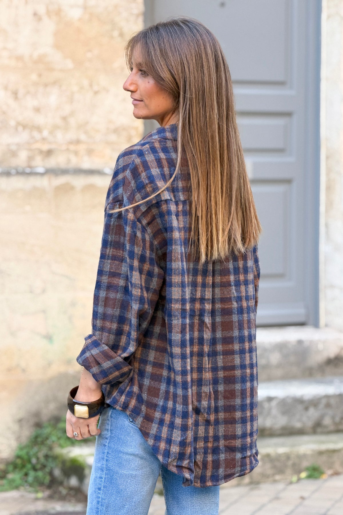 Navy Plaid Boyfriend Button-Down
