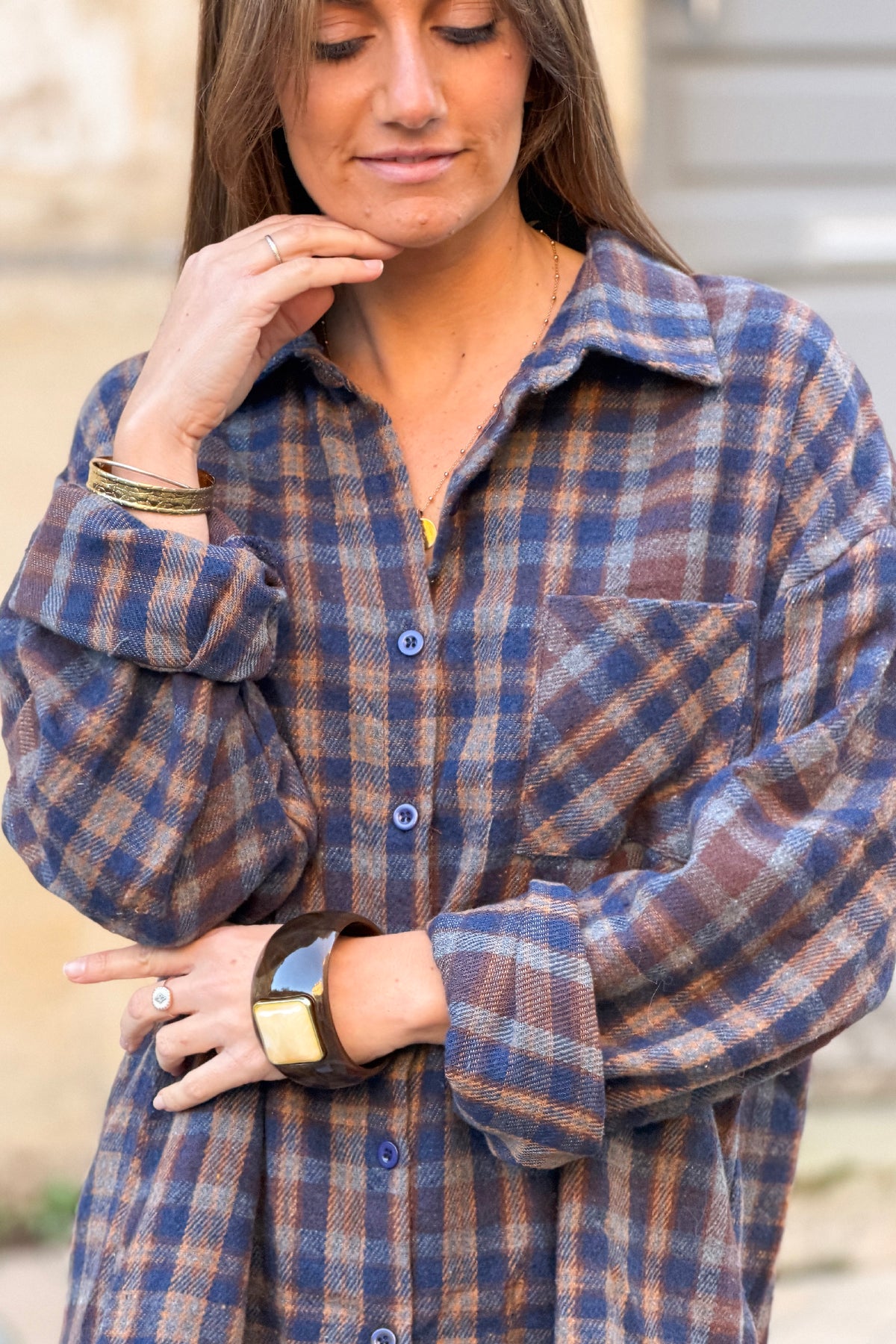 Navy Plaid Boyfriend Button-Down
