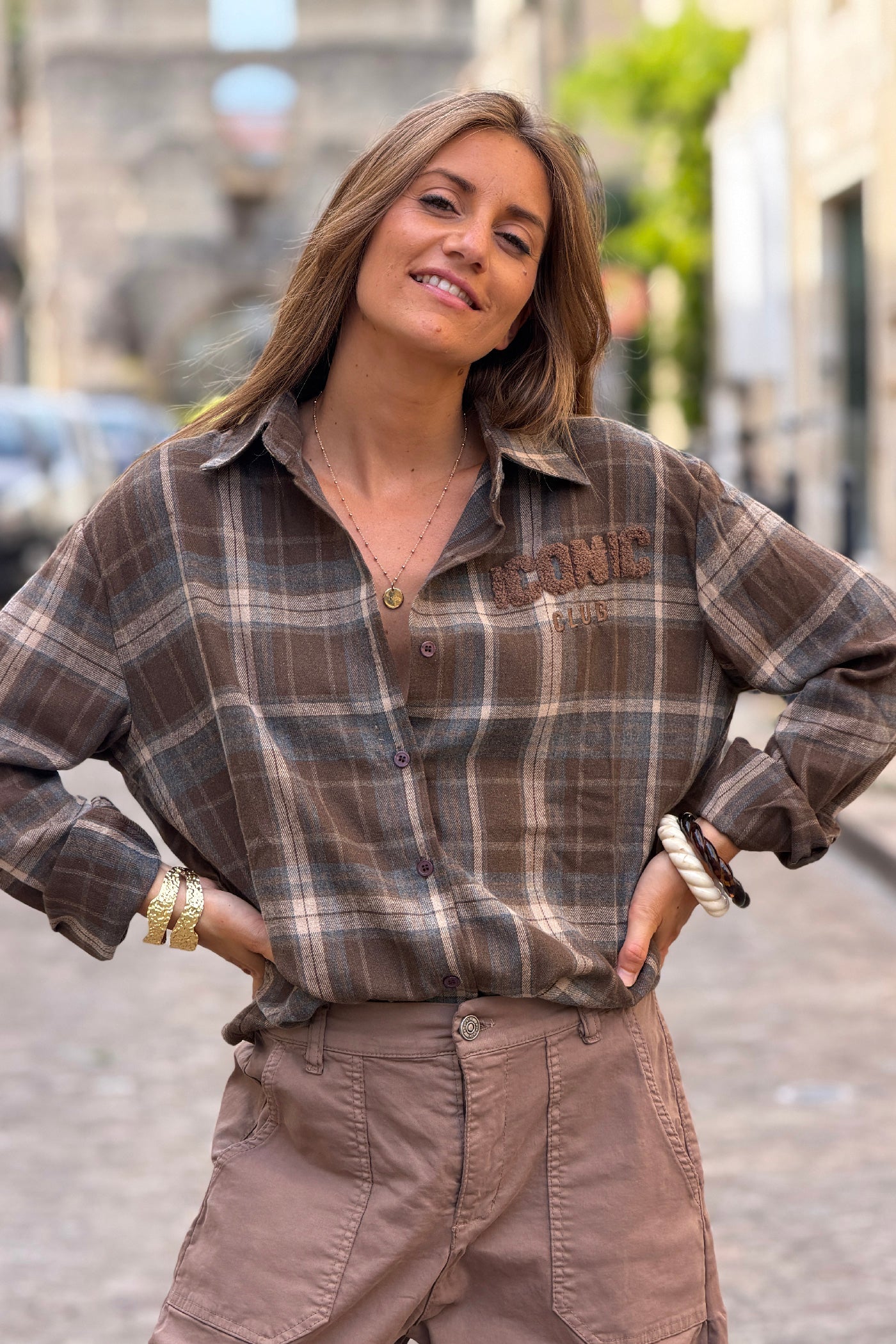 Chemise en flannelle à carreaux marron broderie iconic club