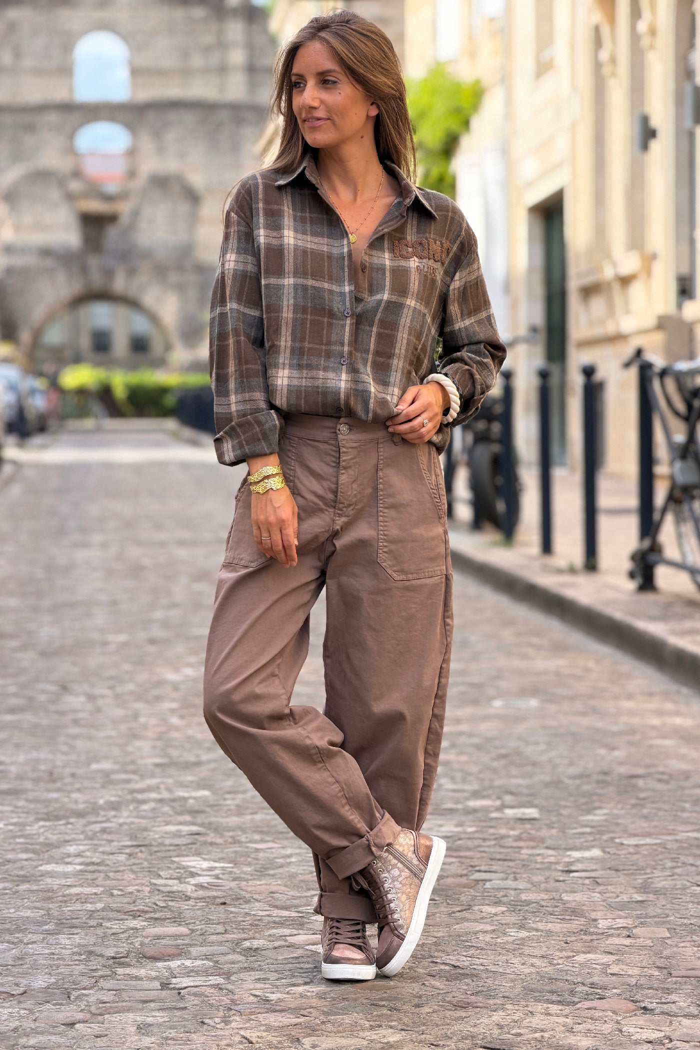 Chemise en flannelle à carreaux marron broderie iconic club
