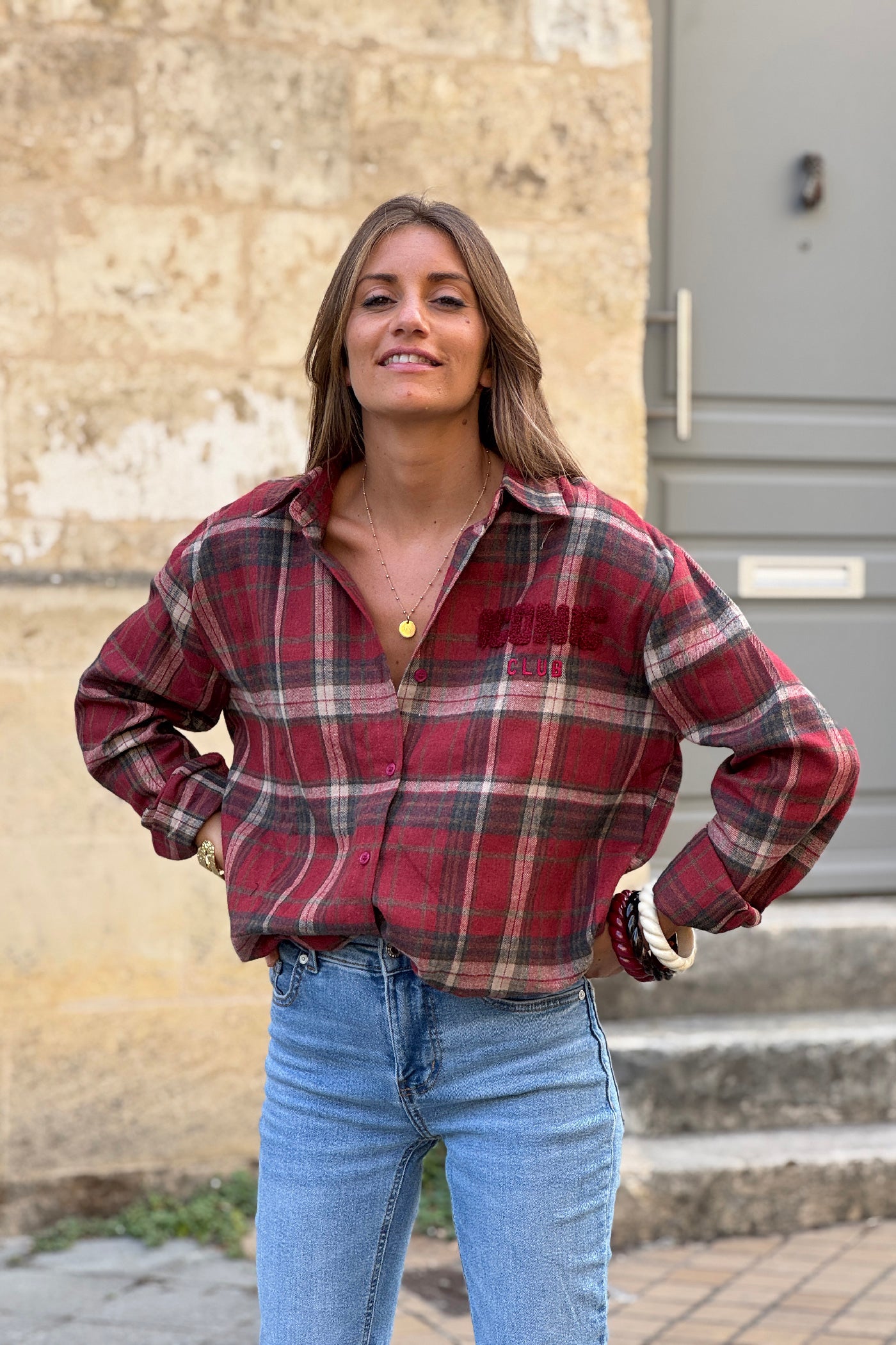Chemise en flannelle à carreaux rouge bordeaux broderie iconic club