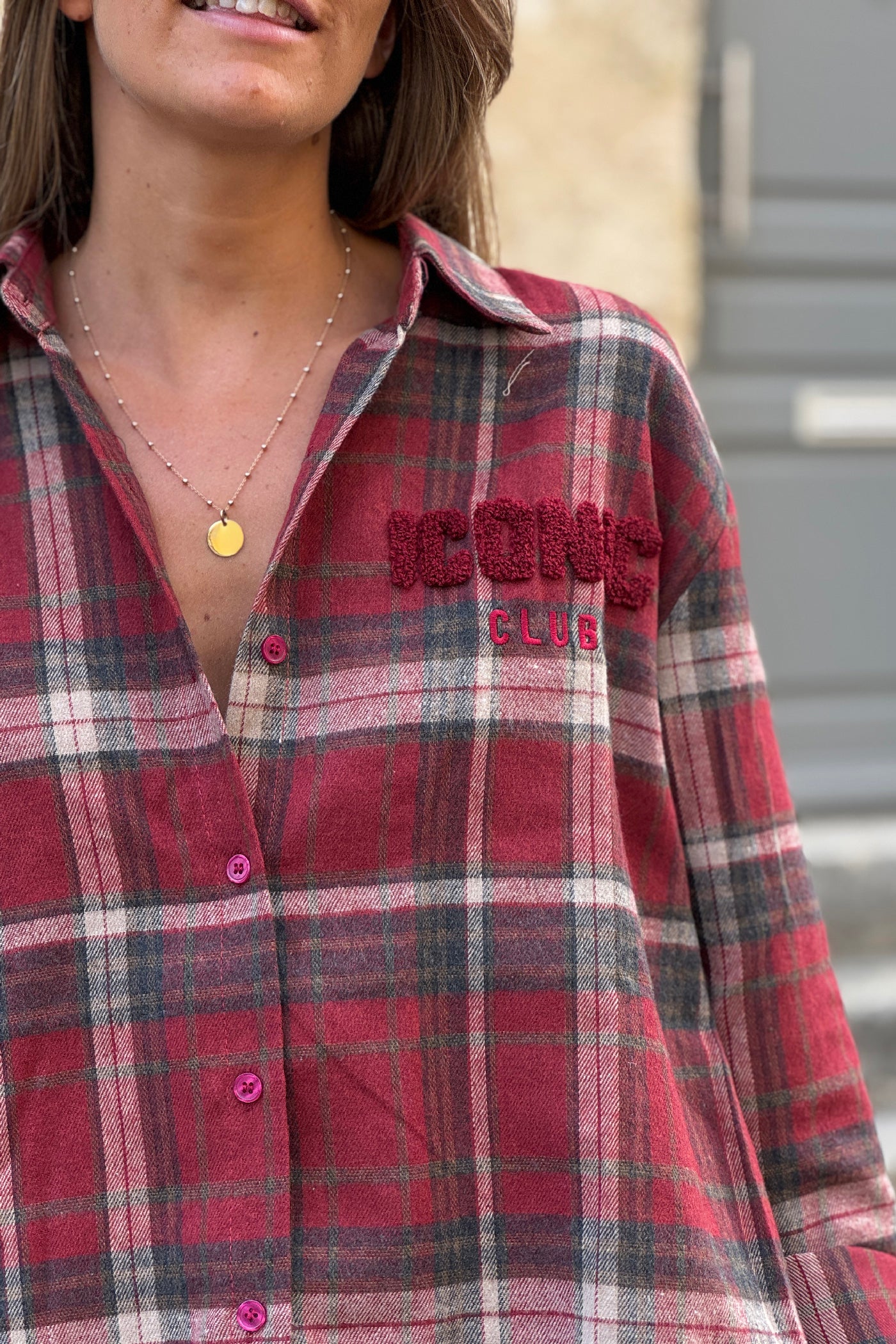 Chemise en flannelle à carreaux rouge bordeaux broderie iconic club