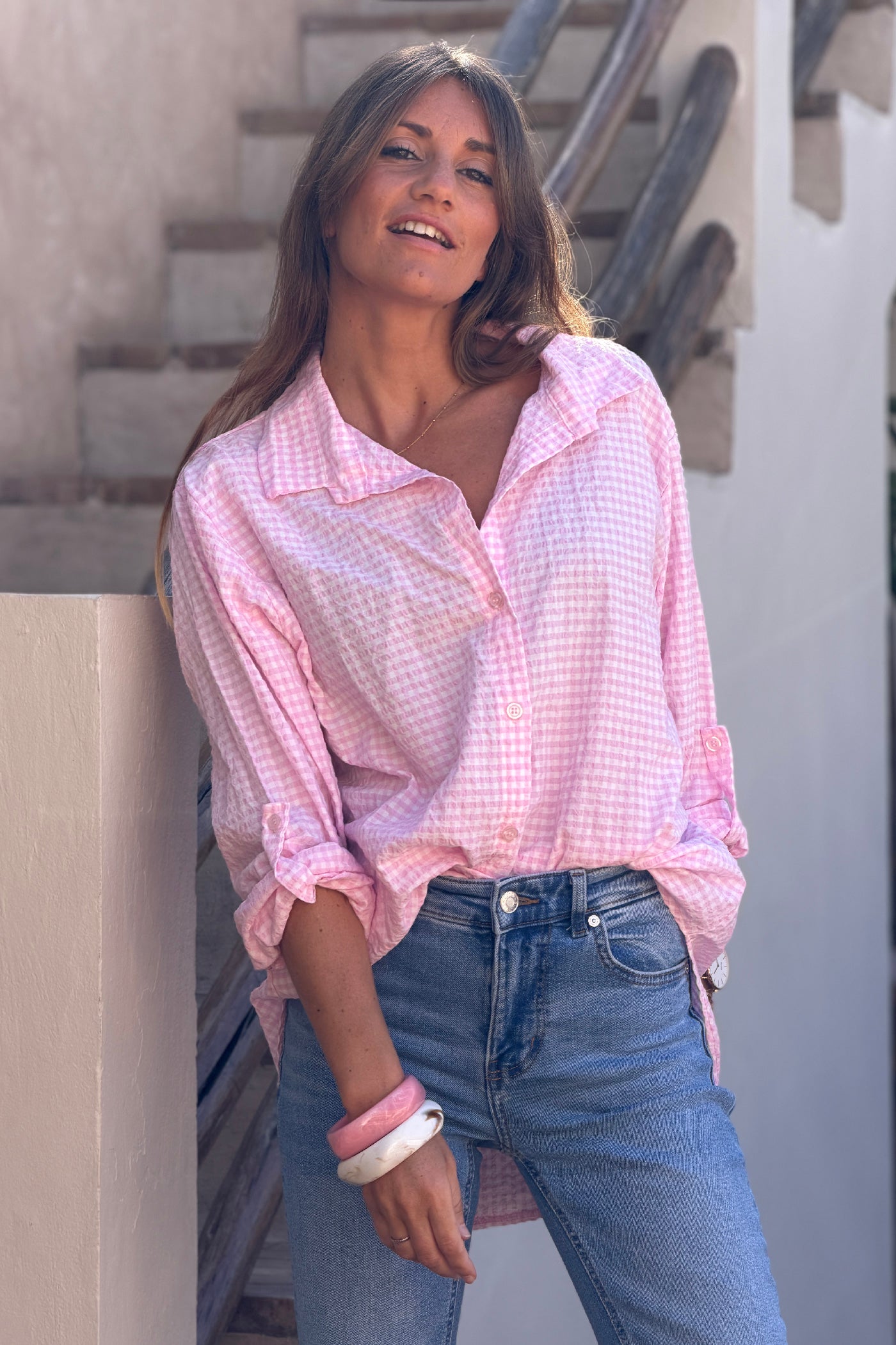 Chemise en seersucker large et stretch carreaux vichy rose