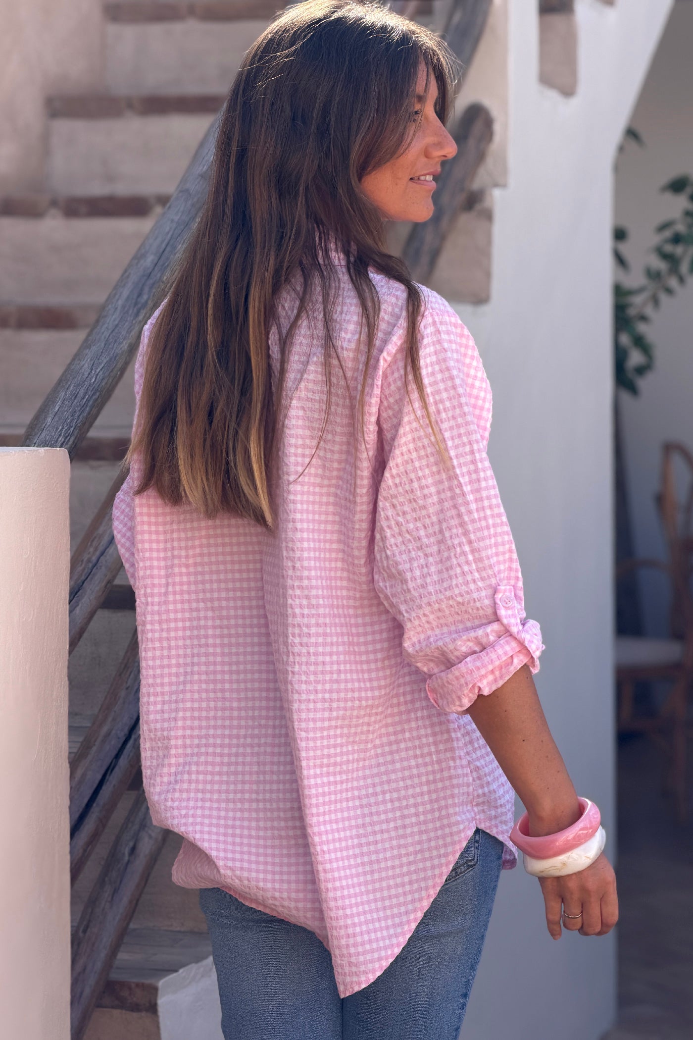 Chemise en seersucker large et stretch carreaux vichy rose