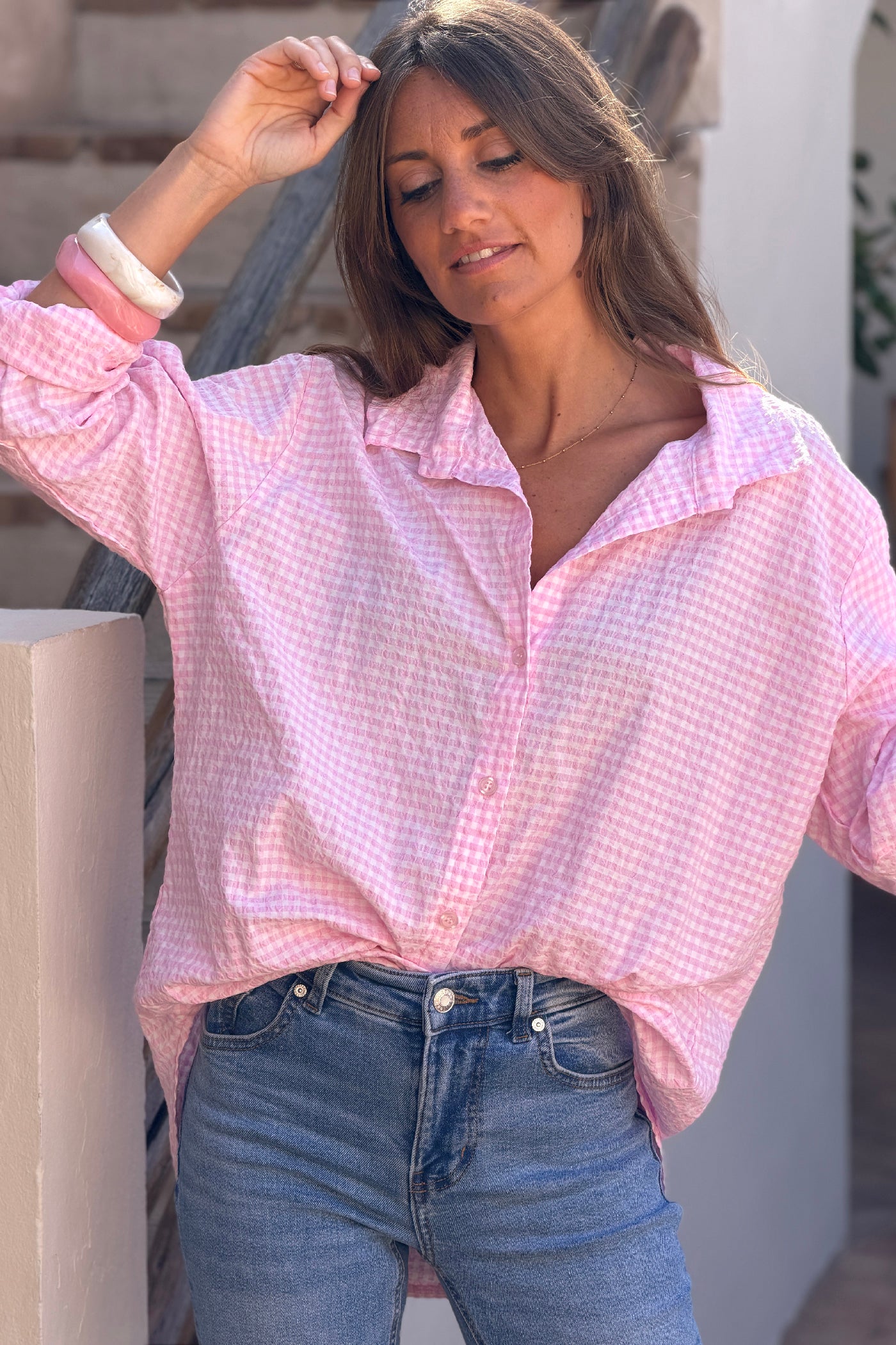 Chemise en seersucker large et stretch carreaux vichy rose