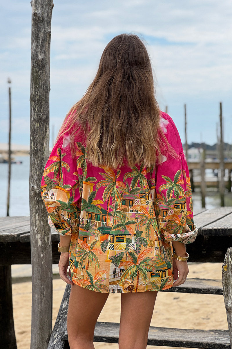 Pink Tropical Getaway Button-Down Blouse