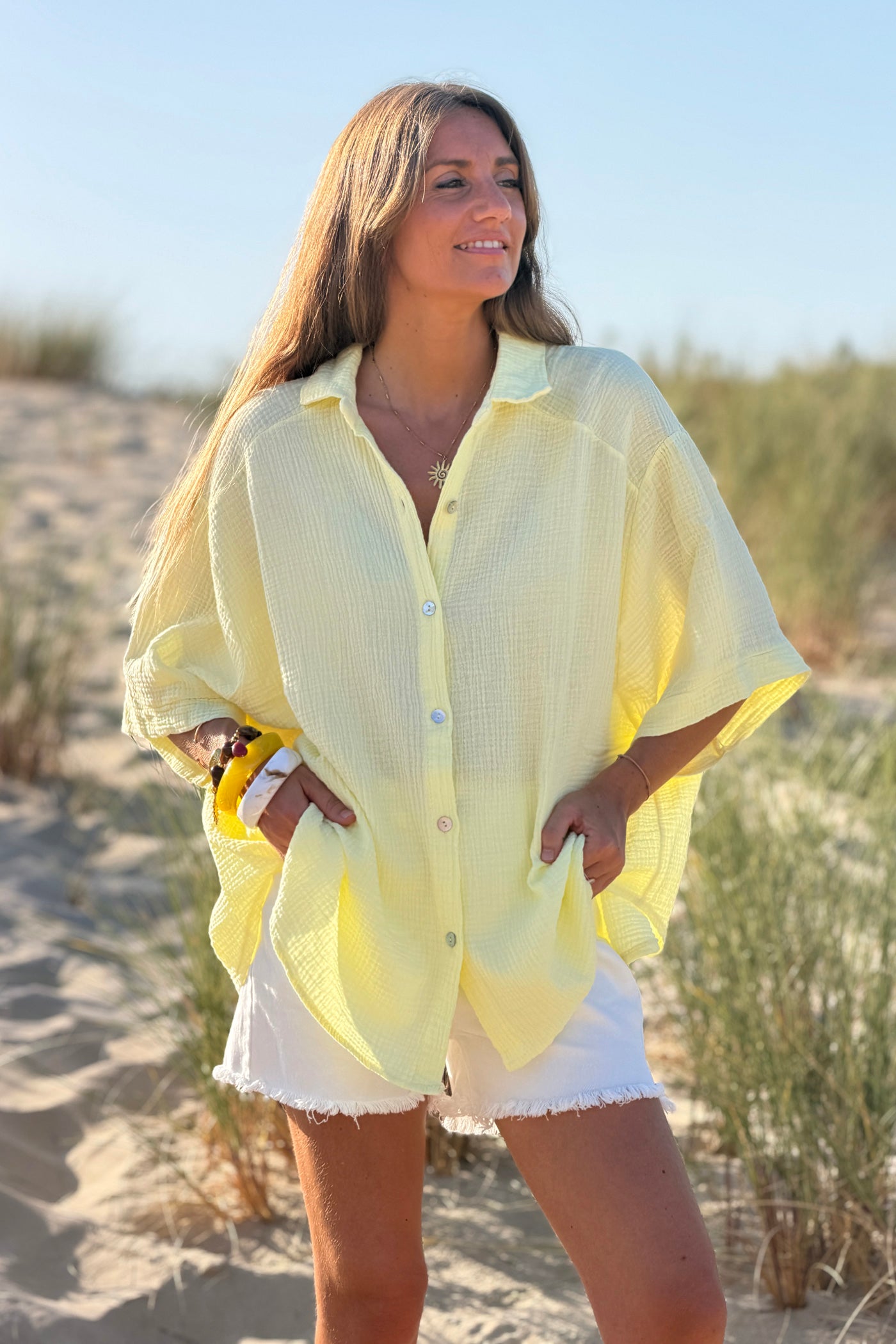 Chemise jaune en gaze de coton à manches courtes Iconic multicolore en bouclettes