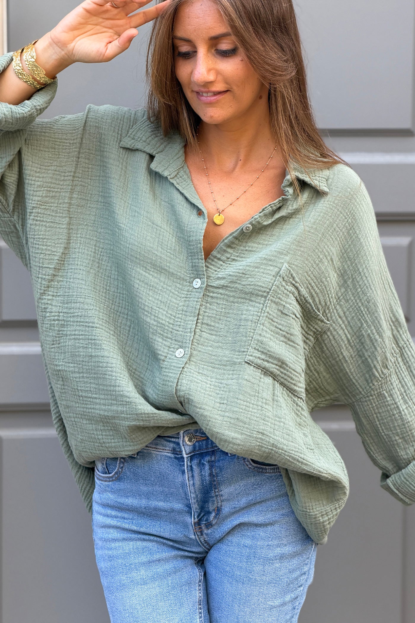 Olive Crinkle Gauze Button-Down Beach Shirt
