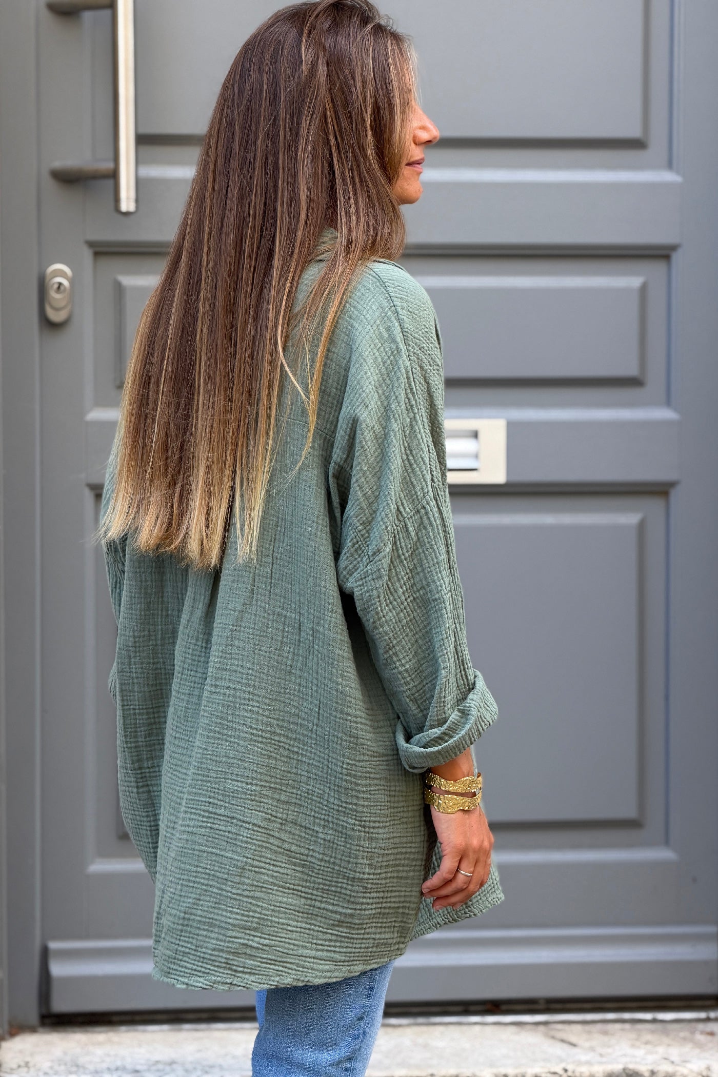 Olive Crinkle Gauze Button-Down Beach Shirt
