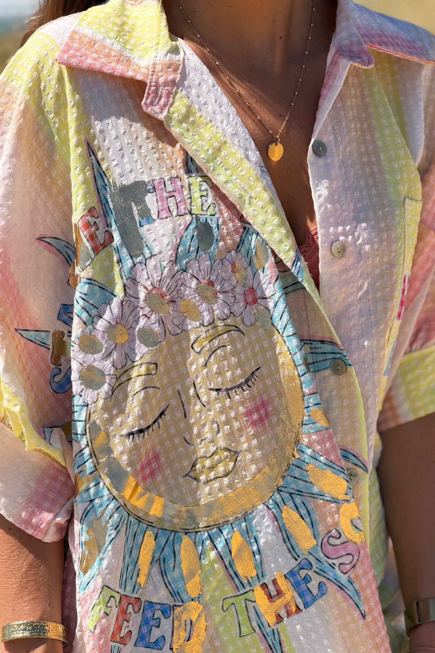 Yellow “Happy Days” Pastel Stripe Gauze Button-Down Shirt

