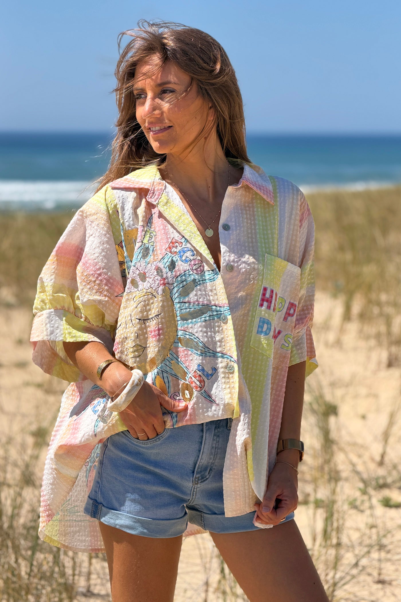 Yellow “Happy Days” Pastel Stripe Gauze Button-Down Shirt

