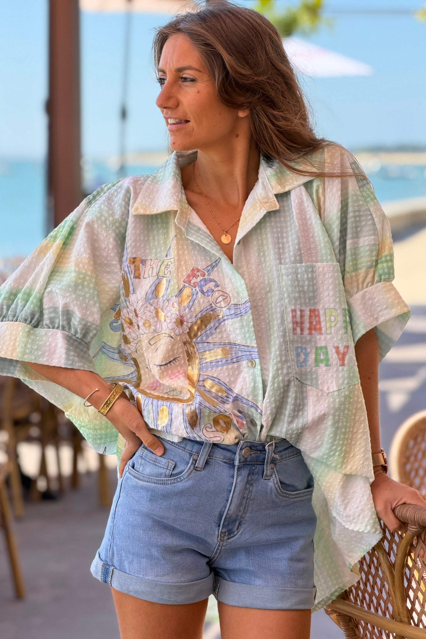 Green “Happy Days” Pastel Stripe Gauze Button-Down Shirt

