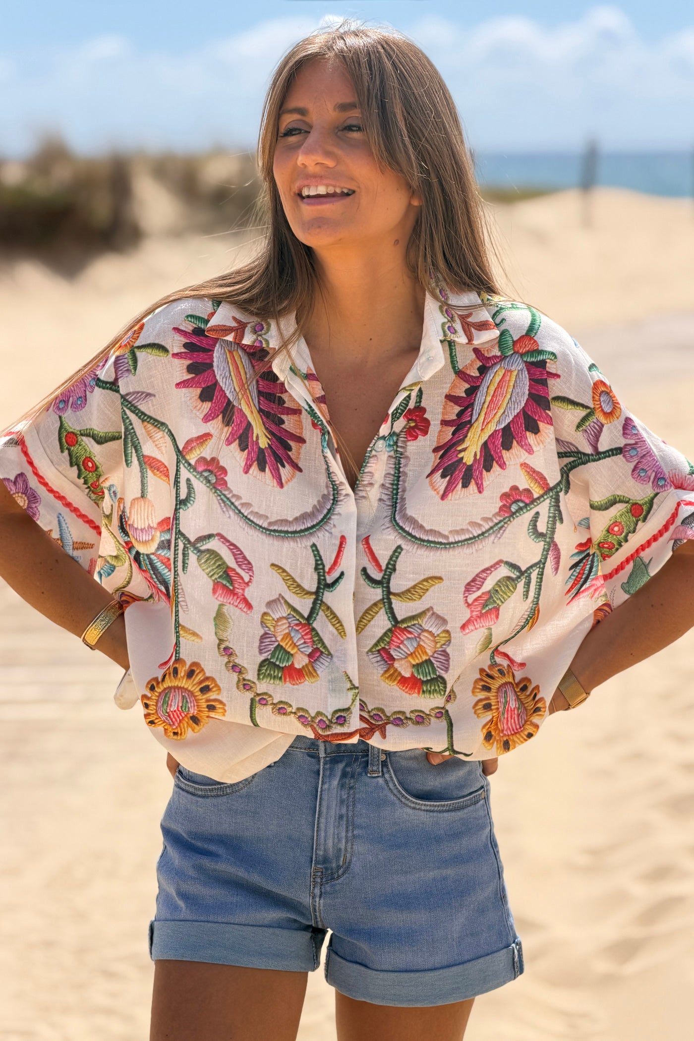Beige Embroidered effect Folk Garden Button-Down Blouse