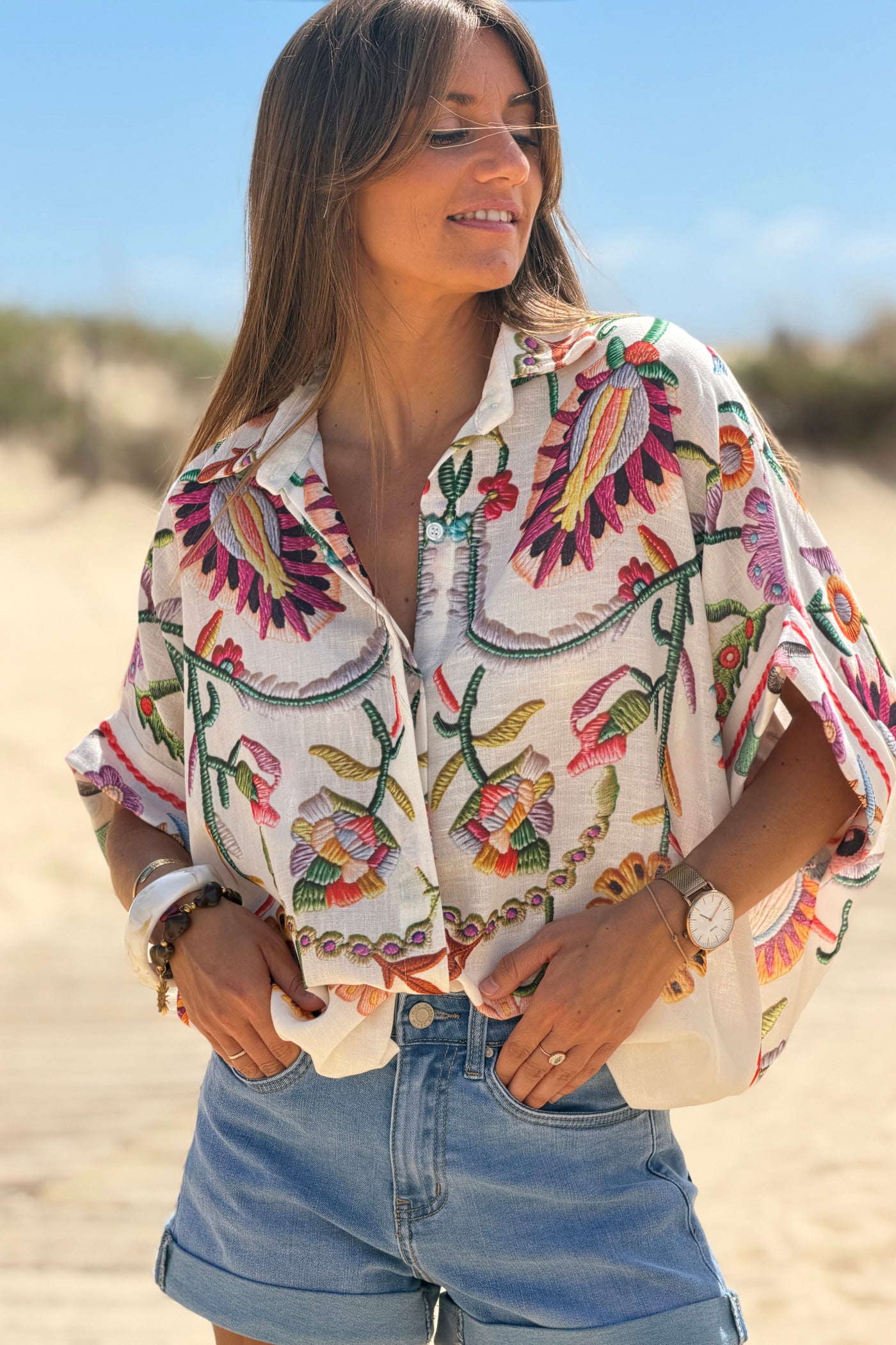 Beige Embroidered effect Folk Garden Button-Down Blouse