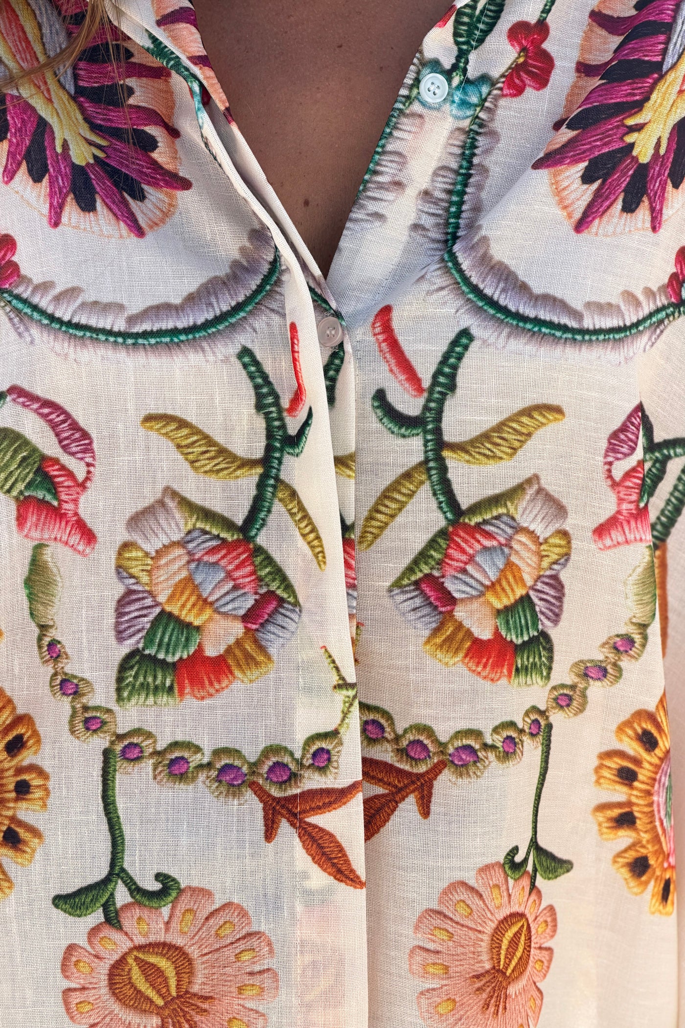 Beige Embroidered effect Folk Garden Button-Down Blouse