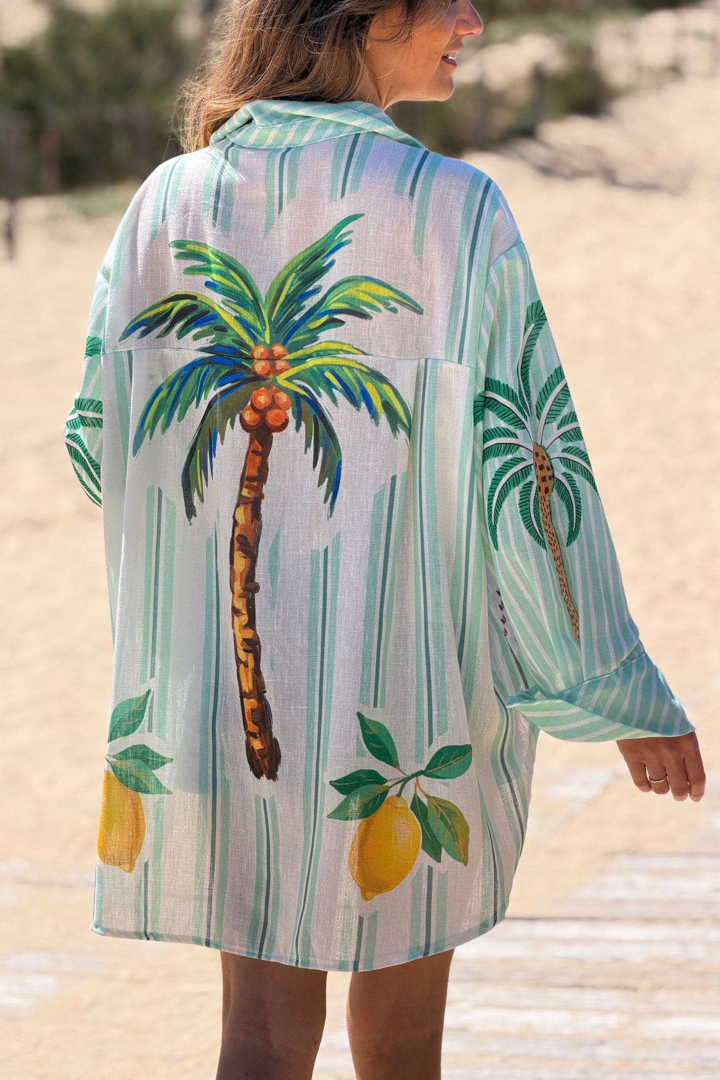 Sage Stripe Palm Dreams Button-Down Blouse