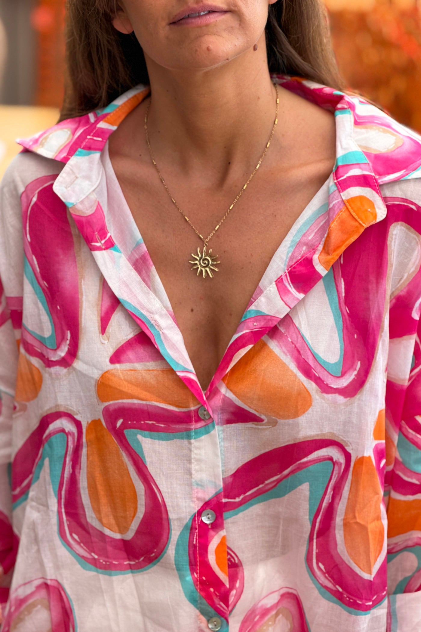 Chemise légère en coton imprimé fleurs seventies fuchsia