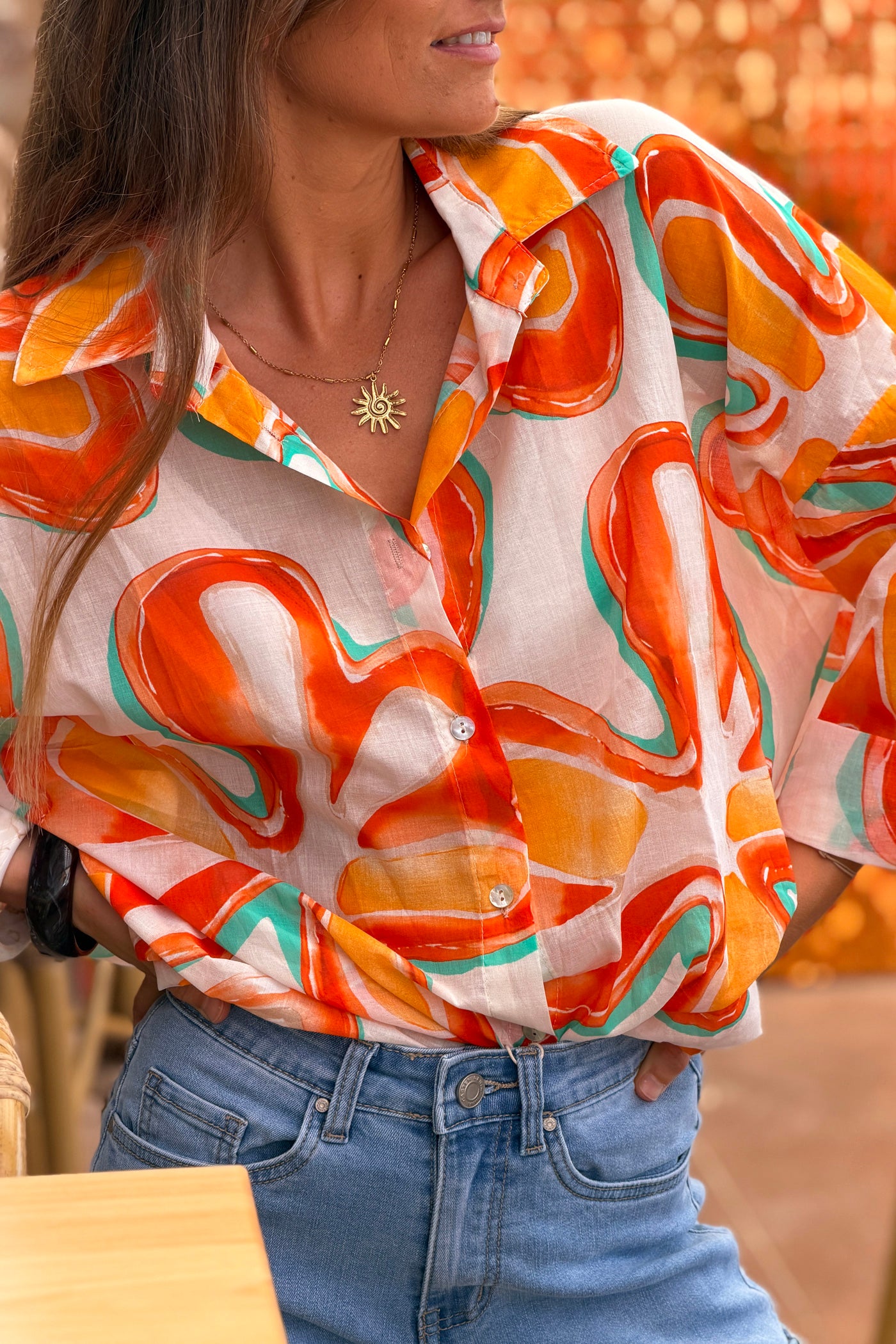 Chemise légère en coton imprimé fleurs seventies orange