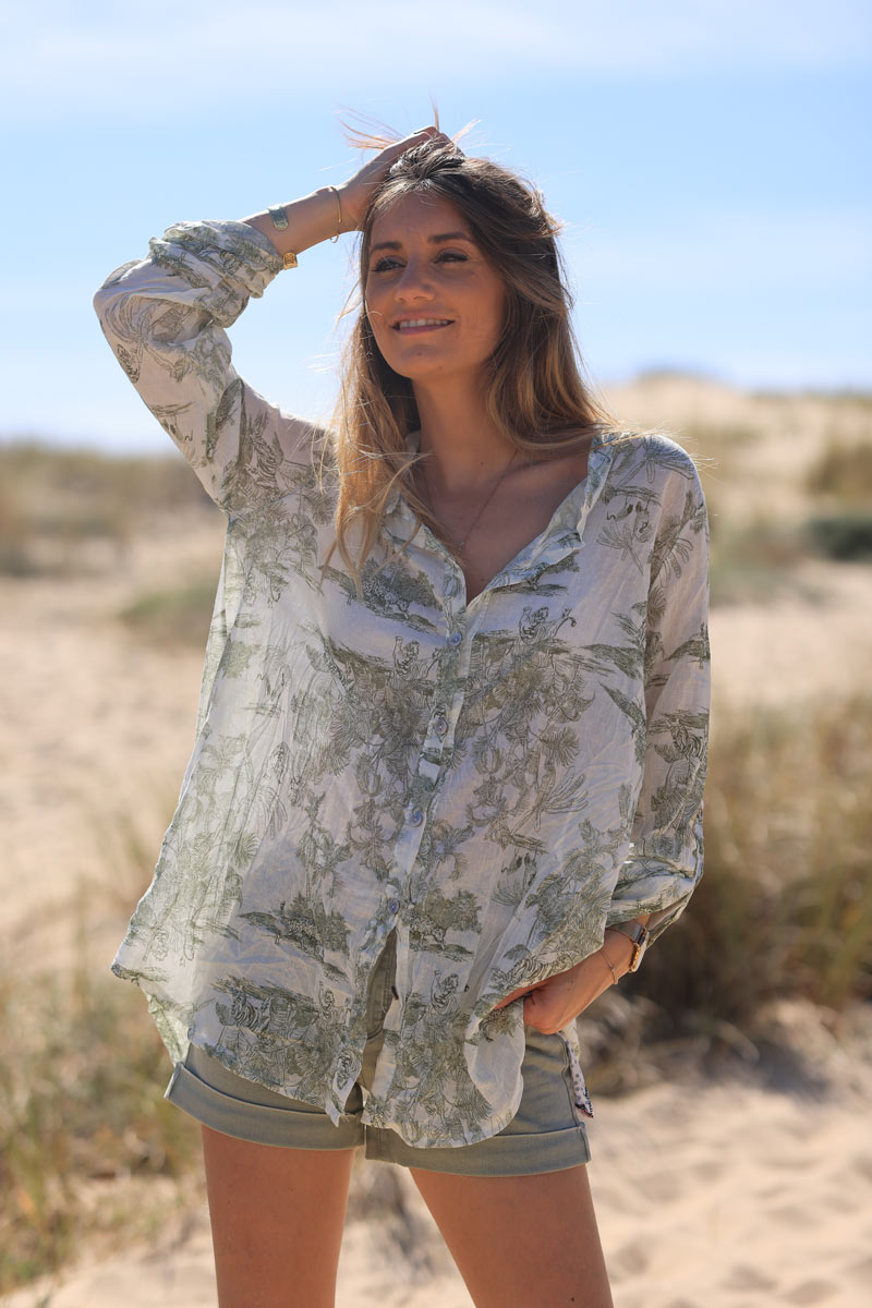 Semi-sheer Cotton Shirt with Olive Toile de Jouy Print