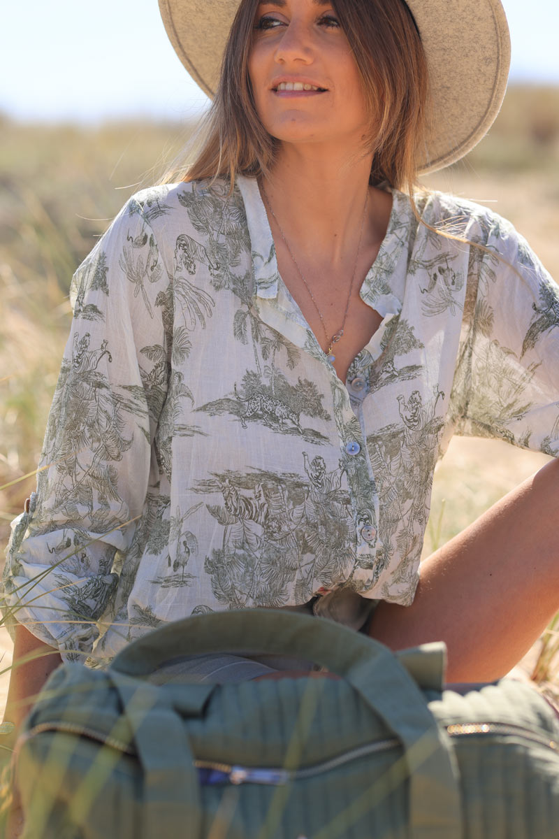 Semi-sheer Cotton Shirt with Olive Toile de Jouy Print