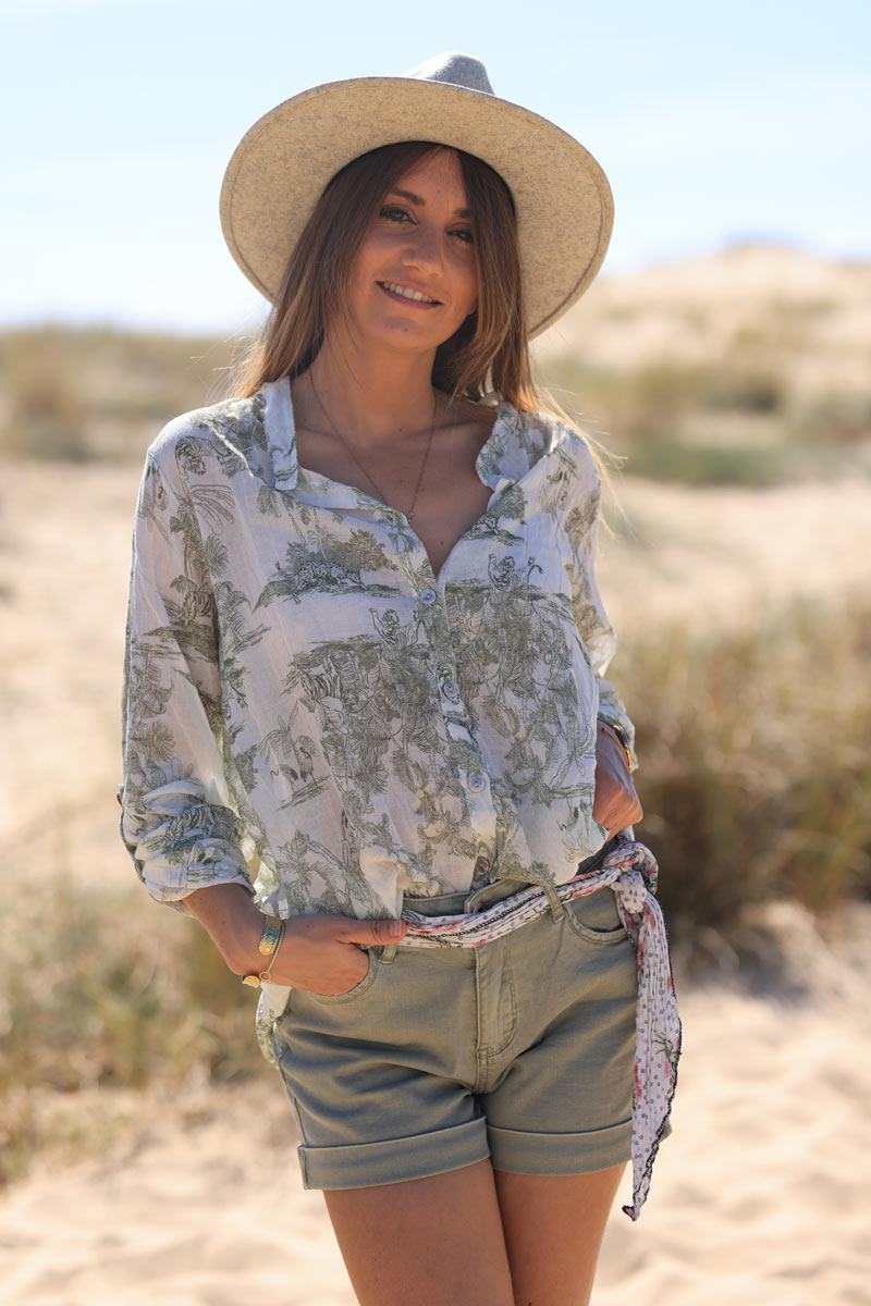 Semi-sheer Cotton Shirt with Olive Toile de Jouy Print