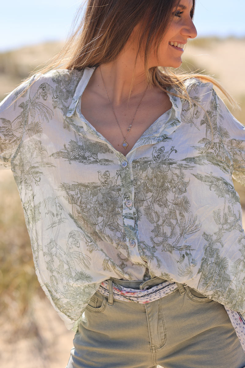 Semi-sheer Cotton Shirt with Olive Toile de Jouy Print