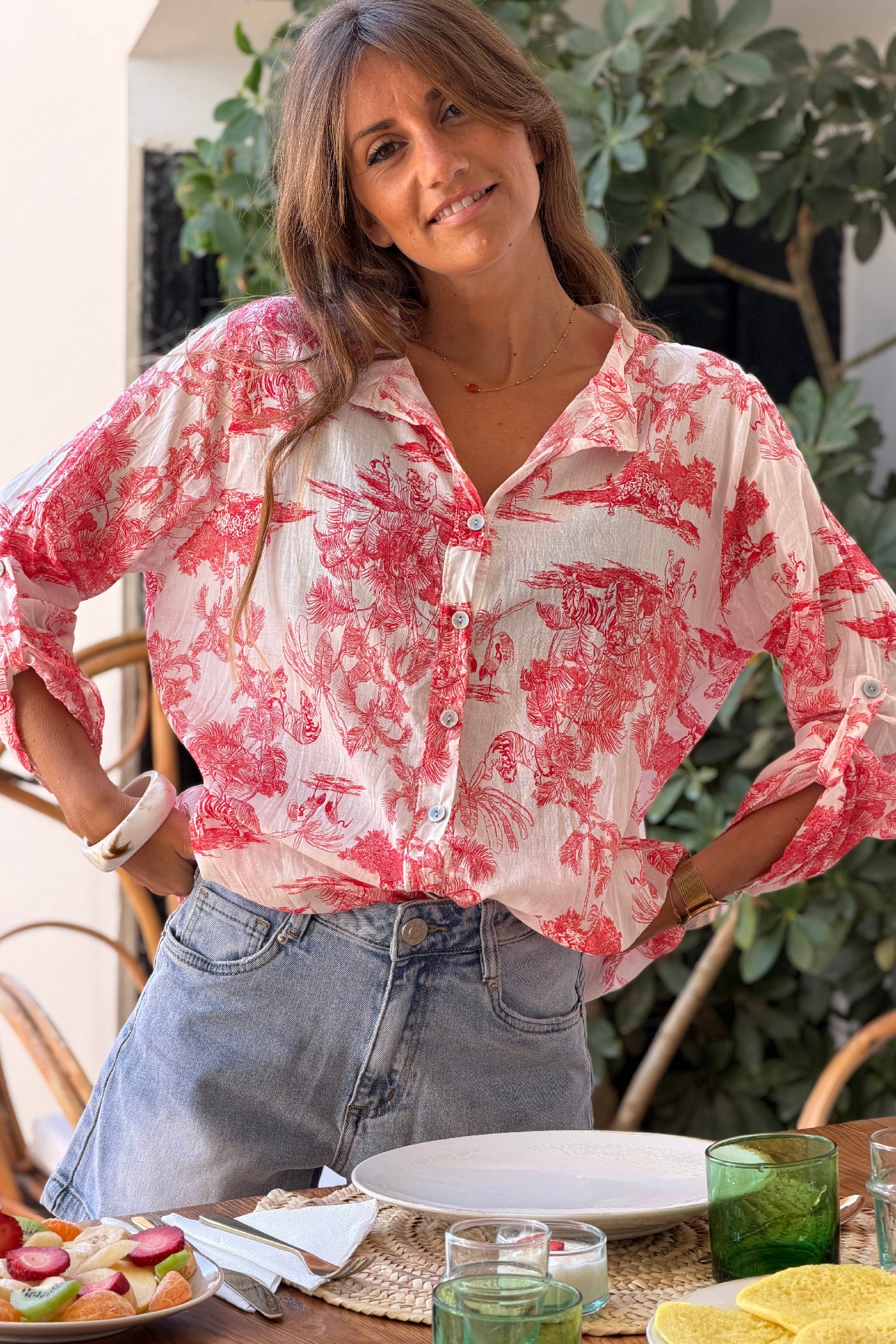 Chemise légère en voile de coton imprimé toile de jouy rouge