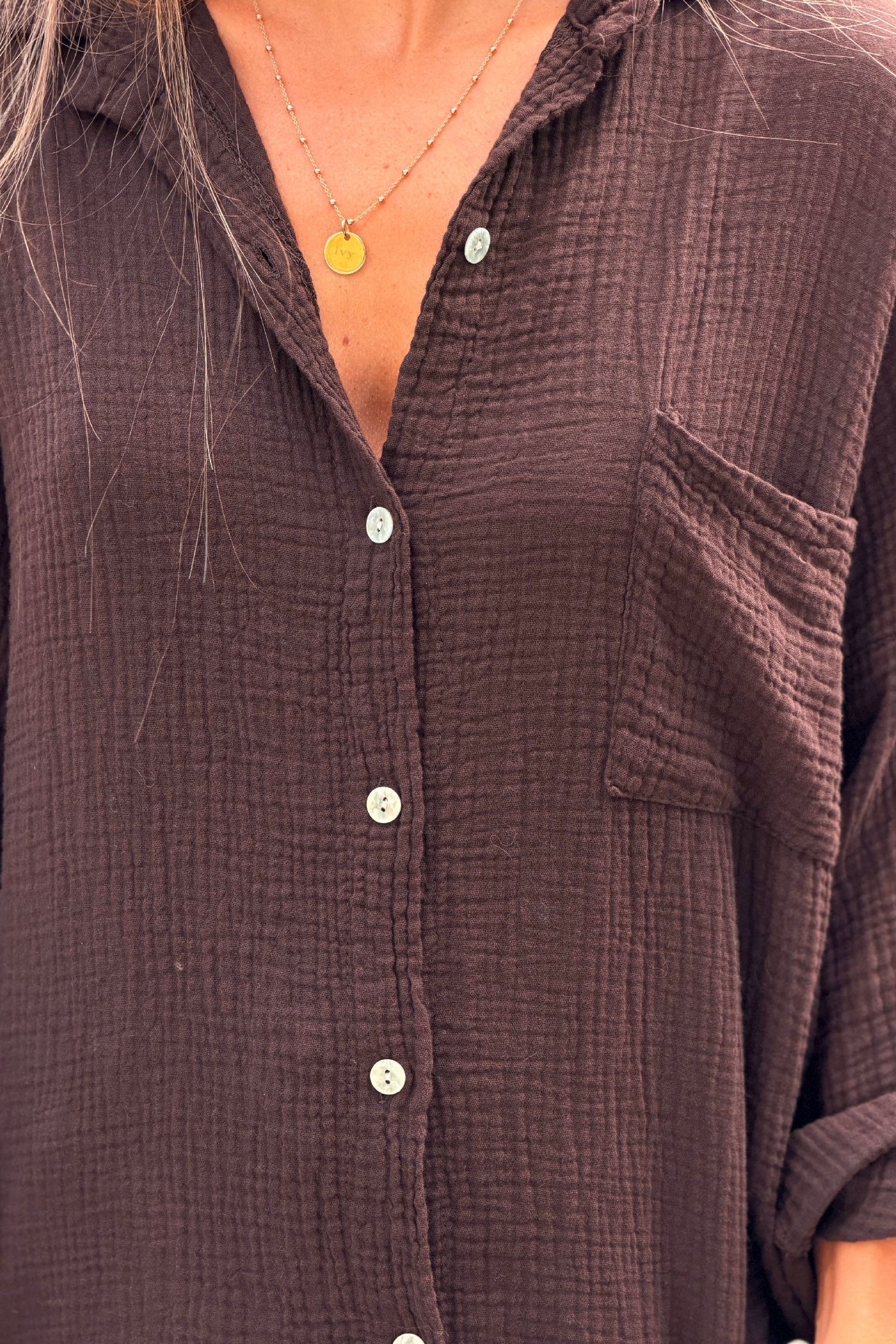 Brown Crinkle Gauze Button-Down Beach Shirt