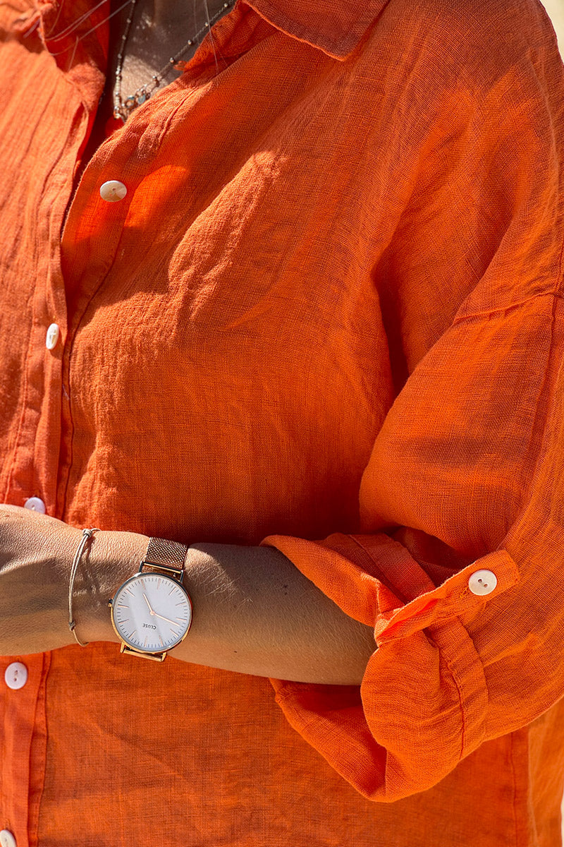 Chemise orange en lin boutons nacres