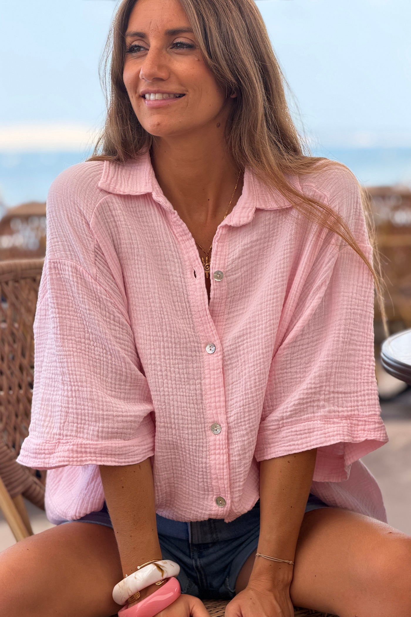 Chemise rose en gaze de coton à manches courtes Iconic multicolore en bouclettes