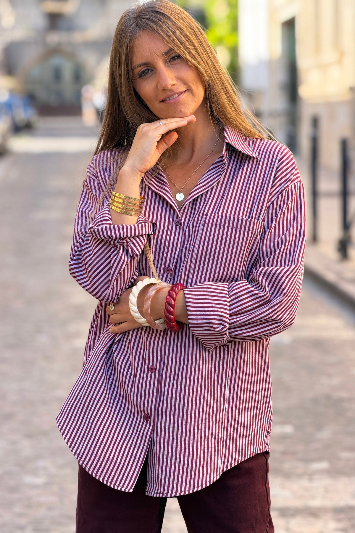 Aubergine Pinstripe Button-Down Blouse