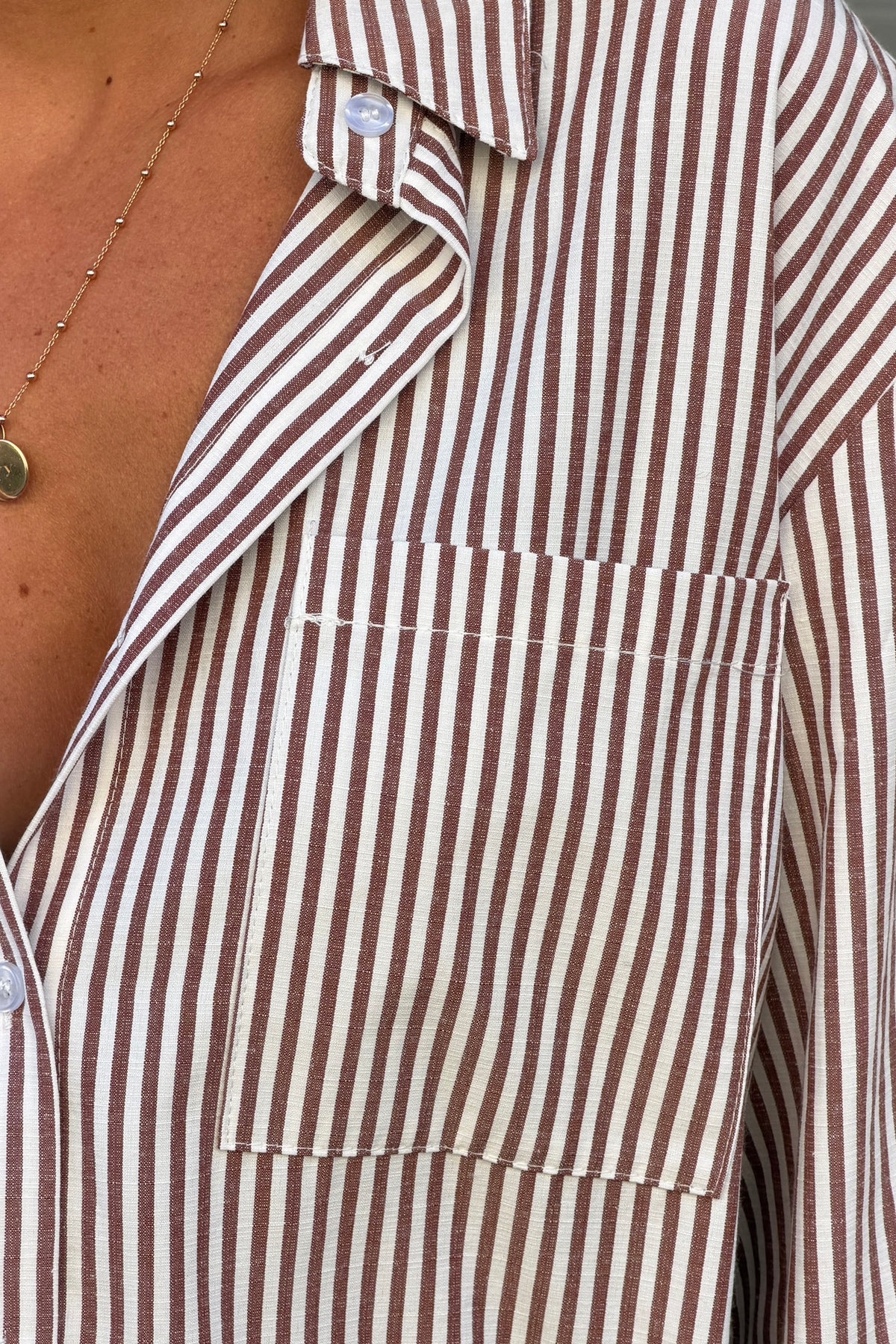 Mocha Brown Pinstripe Button-Down Blouse