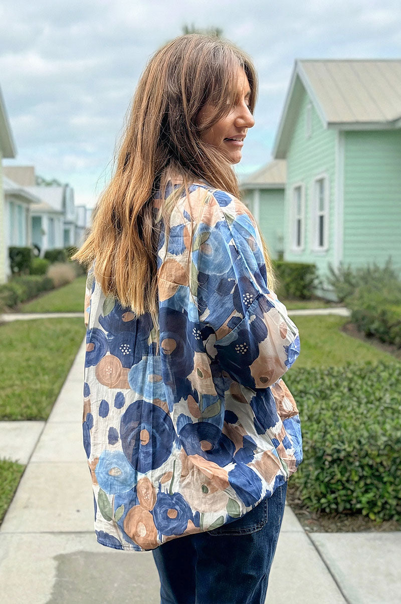 Blue Spring Floral Cotton Button-Down Blouse