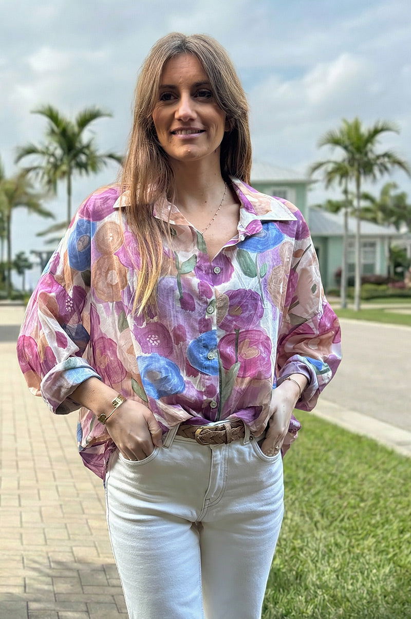 Purple Spring Floral Cotton Button-Down Blouse