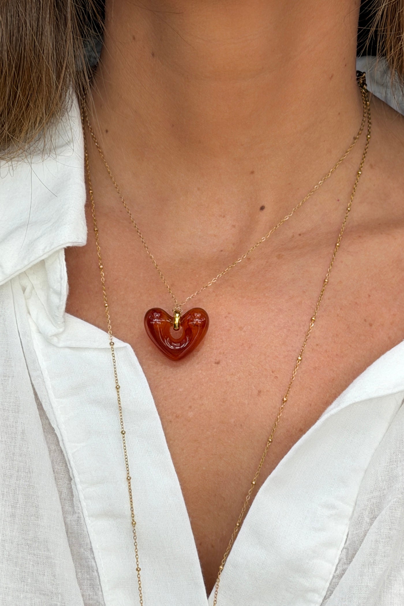 Brown Amber Sea Glass Heart Pendant Necklace
